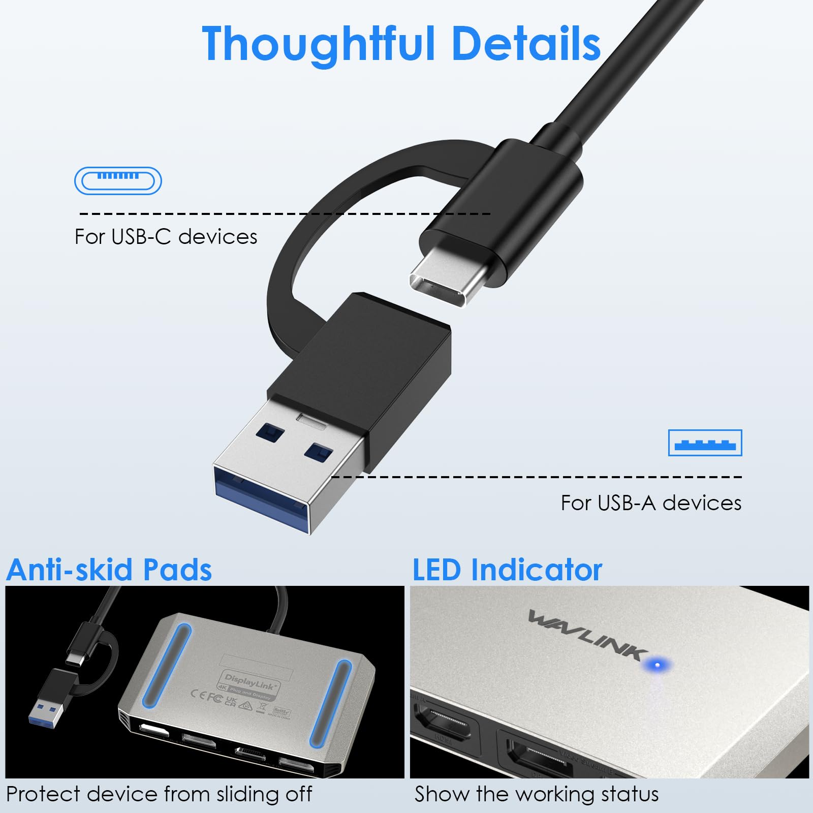 Wavlink Usb C And Usb 3.0 To Dual 4K Displayport & Hdmi Adapter, Displaylink Hdmi Splitter Extended Display For Dual Monitor 4K@60Hz, Hdmi/Dp Splitter Compatible With Mac M1/M2/M3, Hp, Dell, Lenovo