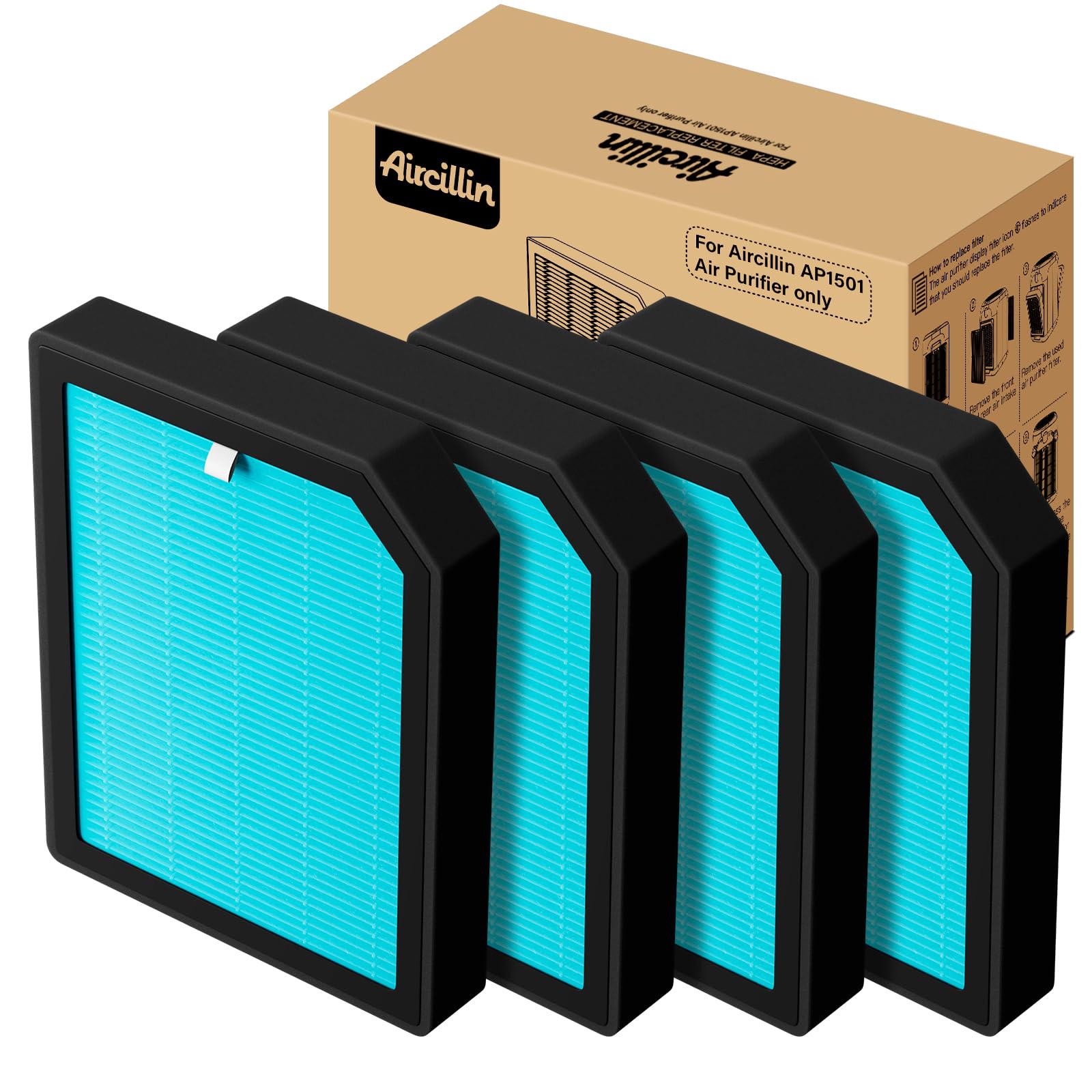 Aircillin Air Purifier Ap1501 Replacement Filters 4 Pack, H13 True Hepa Filter, Activated Carbon Filter(Ap1501)