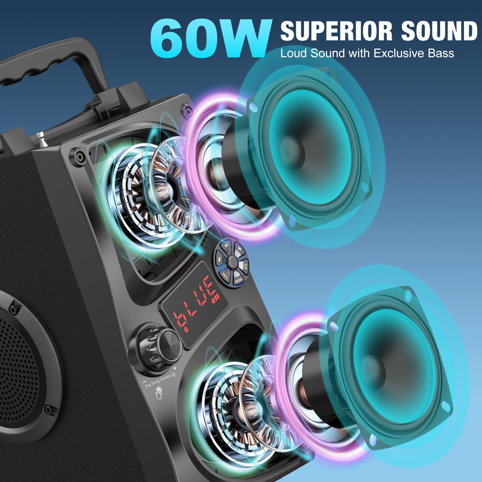 Bluetooth Speaker, 60W(Peak) Wireless Portable Small Home Party Speakers With Double Subwoofer Deep Bass, Microphone, Fm Radio,