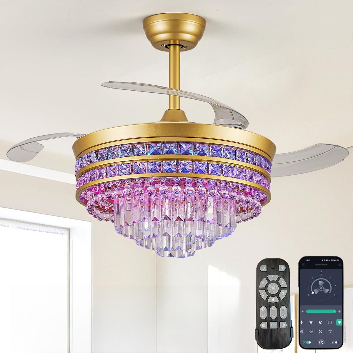 FKZNPJ Retractable Fandelier Ceiling Fans with Light and Remote/App, 42 Crystal RGB Chandelier Fan, Bladeless Lighting & Ceiling