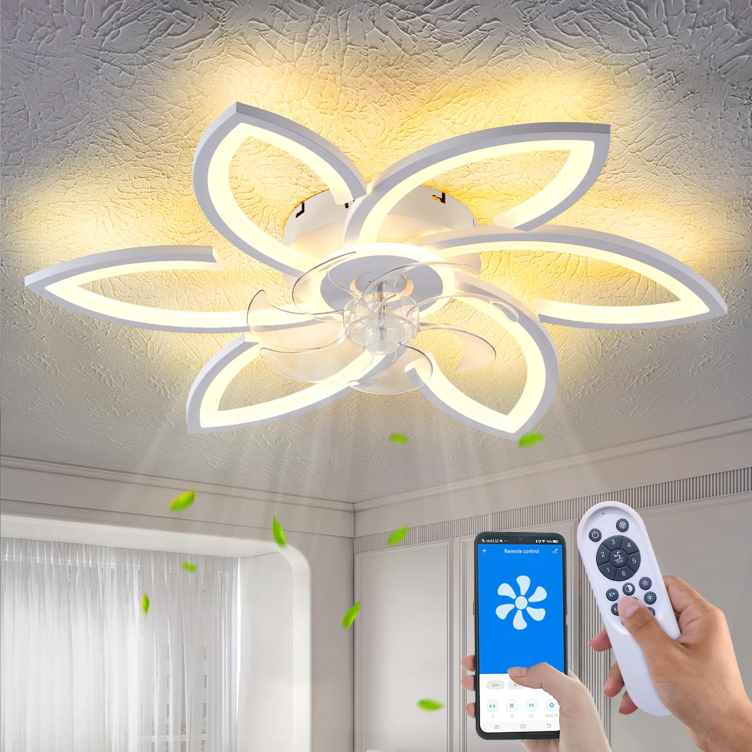 Yfrest Ceiling Fan With Lights Remote Control, 30'' White Modern Semi Flush Mount Ceiling Fan With Light, 3 Light Color 6 Speeds