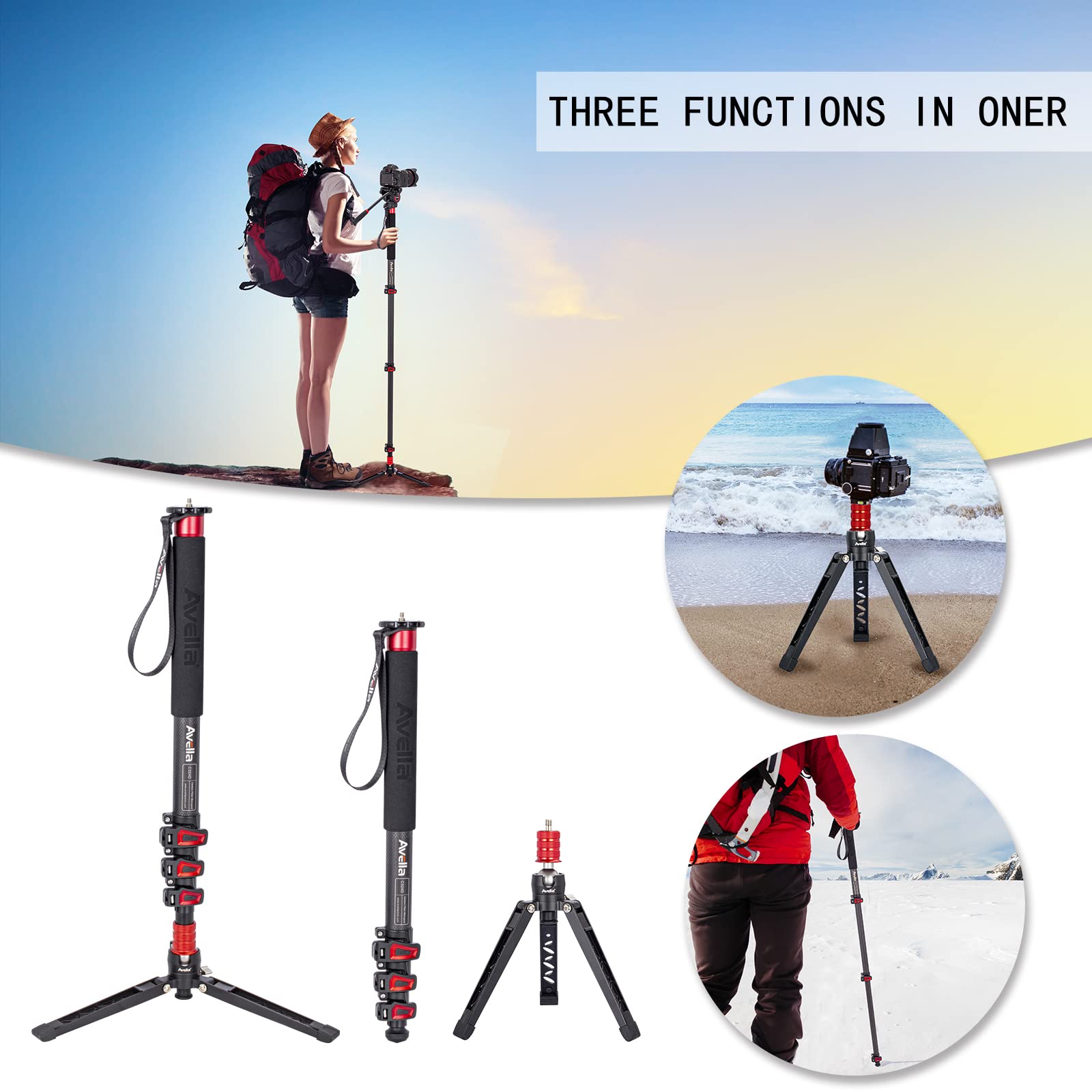 Avella C324D Carbon Fiber 67 Inch Camera Monopod Professional Telescopic Video Monopods Base Tripod For Canon Nikon Sony Olympus Panasonic Dslr Camera