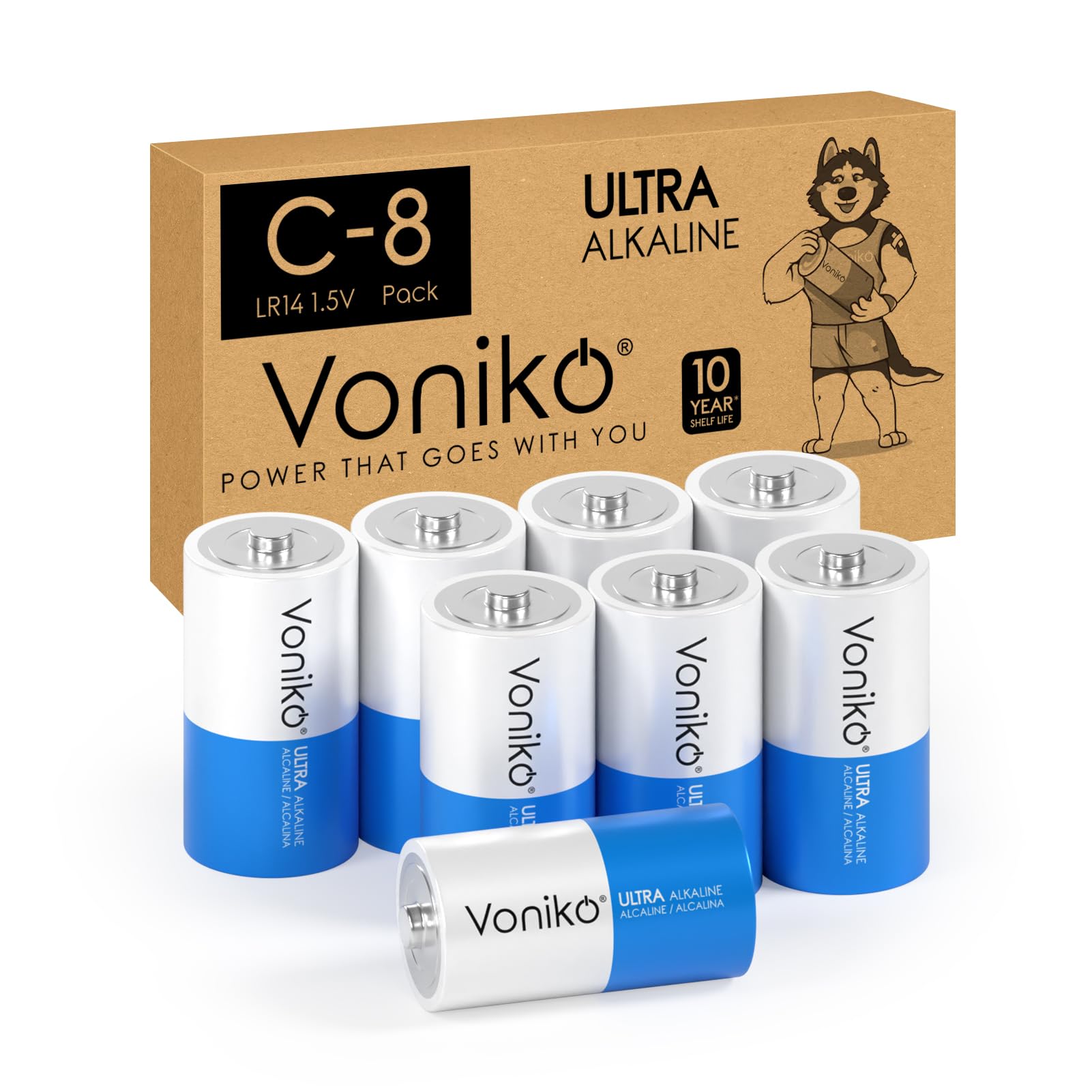 Voniko Ultra Alkaline C LR14 Batteries 8 Pack 1.5V 10-Year Shelf Life