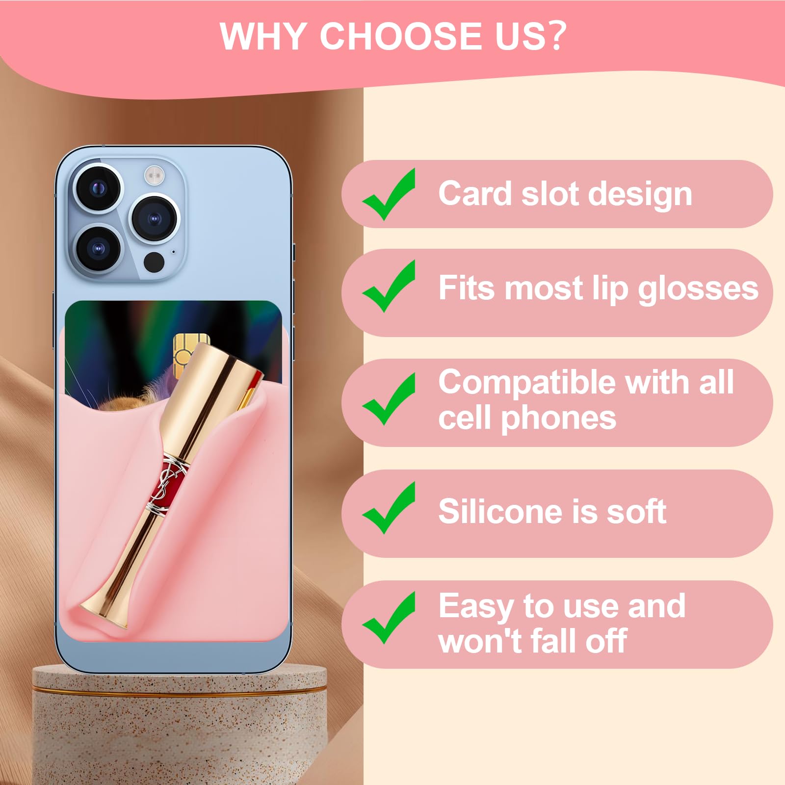 Phone Case Lip Gloss Holder,Silicone Lipgloss Holder With Card Holder,Self-Adhesive Lip Holder Suitable For Iphone And Android(3