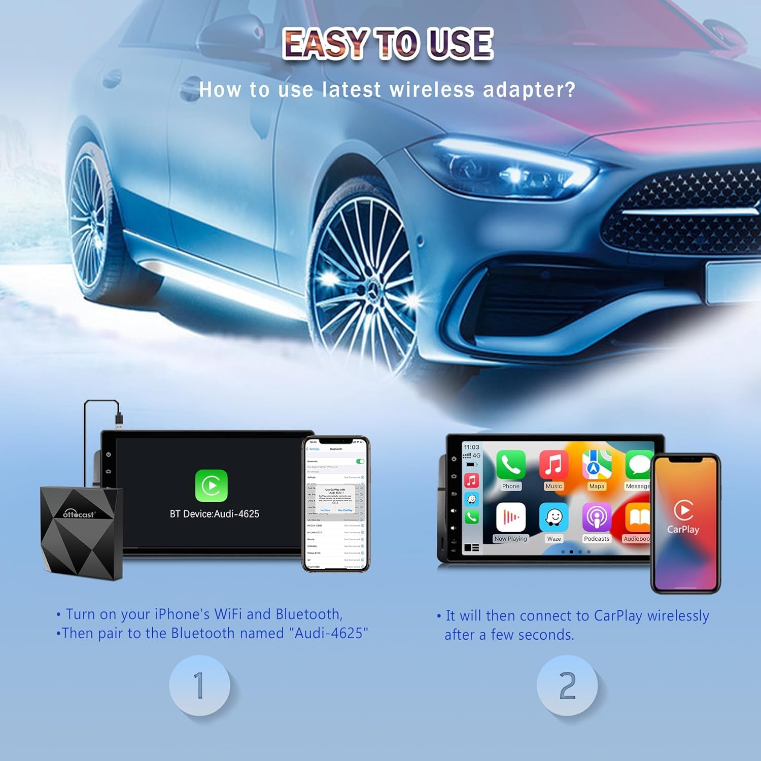 Ottocast Wireless Carplay Adapter 2024 Carplay Wireless Adapter For Cars With Factory Wired Carplay (Year: After 2016), No Lag U