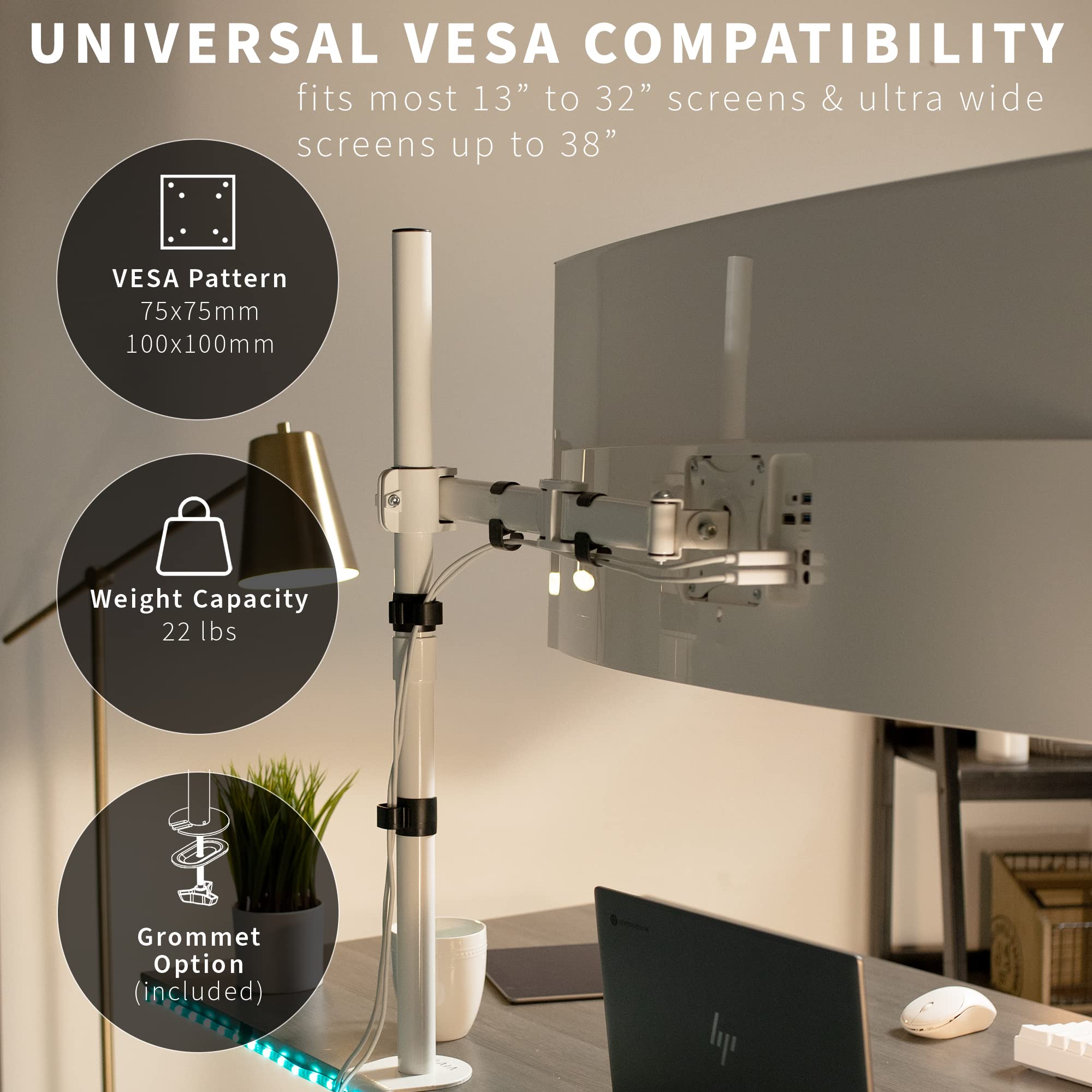 VIVO Single Monitor Desk Mount, Extra Tall Fully Adjustable Stand for 1 LCD Screen up to 32 inches, Ultra Wide Screens up to 38 inches, 22 lbs Capacity, White, STAND V001TW