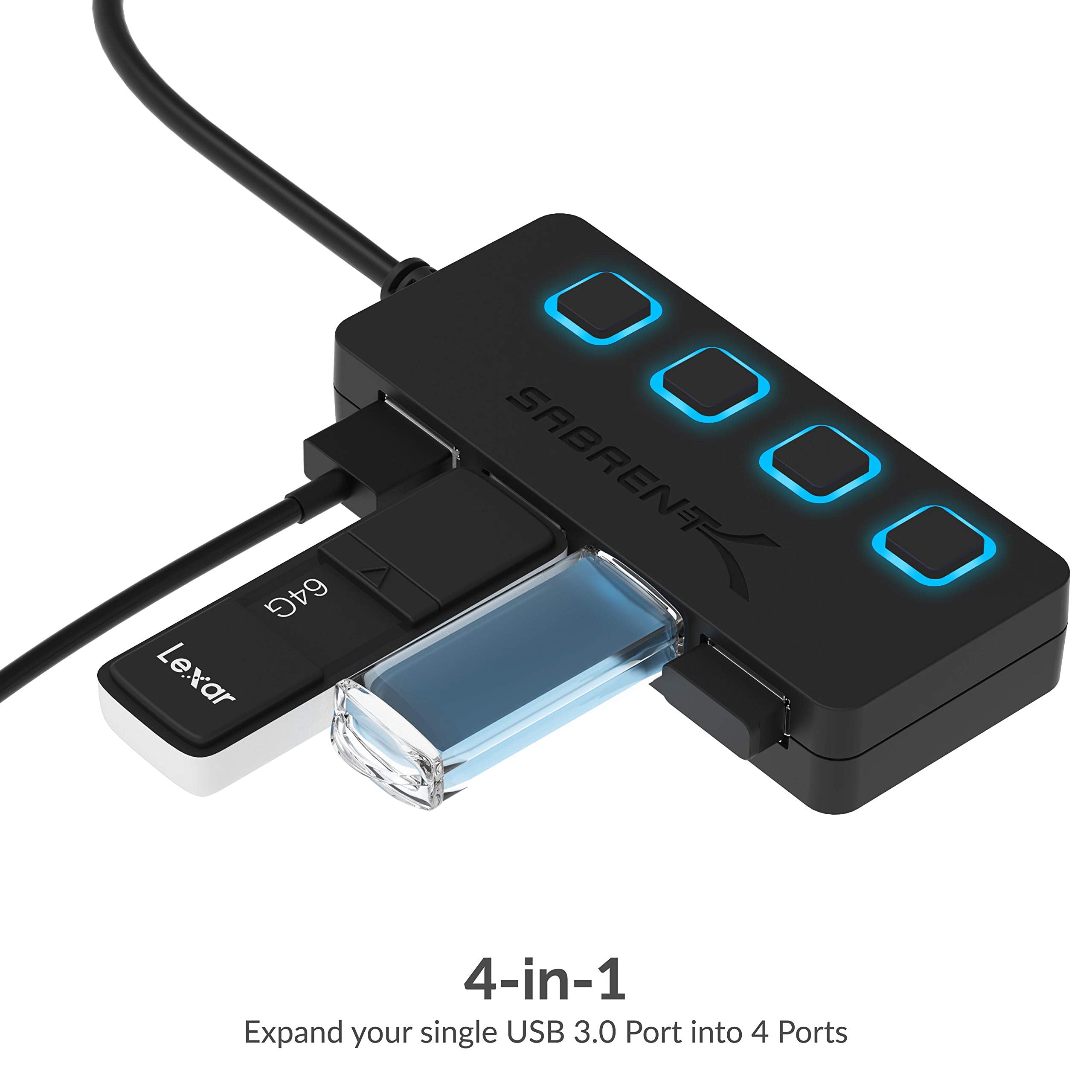 Sabrent 4 Port Usb Hub, Usb 3.0 Fast Data Hub With Individual Led Power Switches, 2 Ft Cable, Slim & Portable, For Mac & Pc (Hb