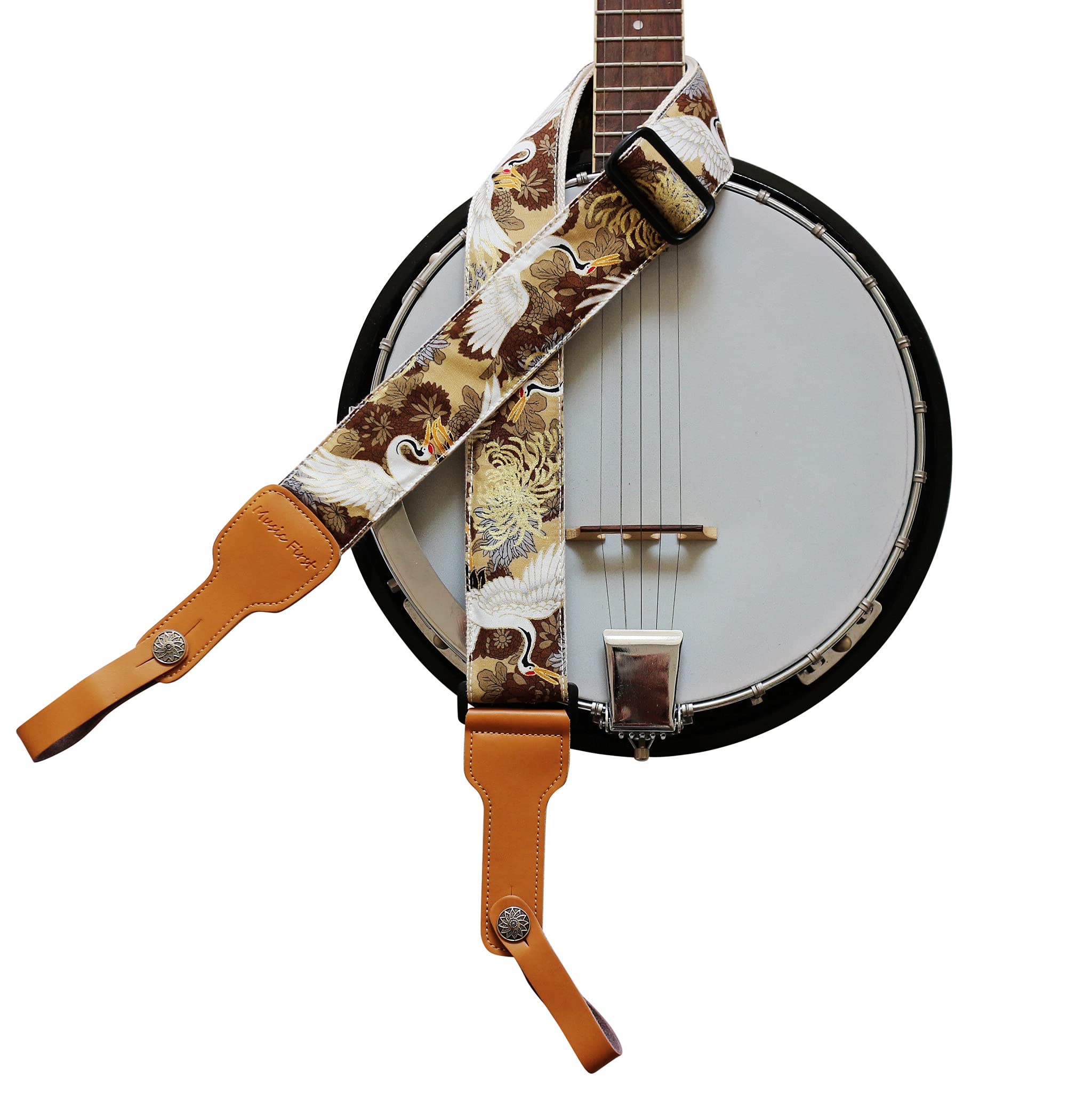 Music First, 2 Inch Width (5Cm), Padded, Vintage Ukiyoe Style''Chrysanthemum & Crane In Tan'' Soft Muslin & Genuine Leather Delu