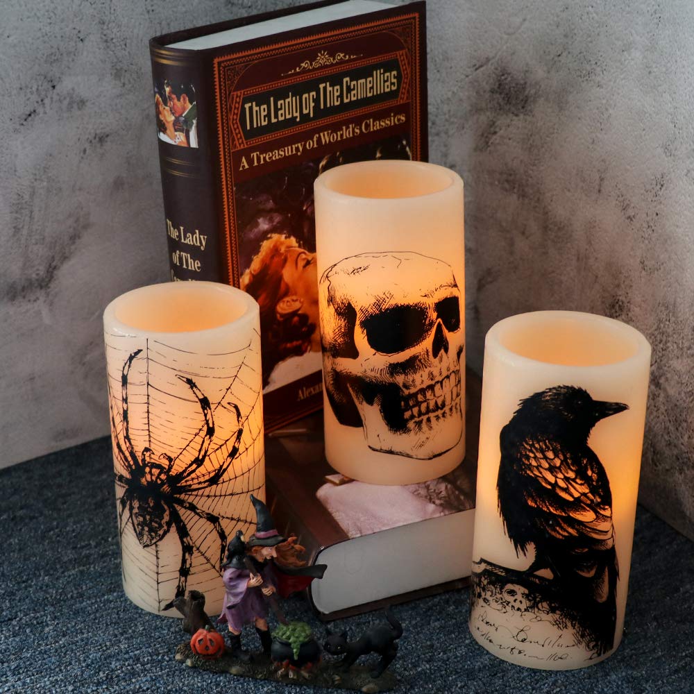 Eldnacele Halloween Flickering Candles With Skull, Spider Web, Crow Raven Decals Set Of 3, Battery Operated Halloween Themed Led
