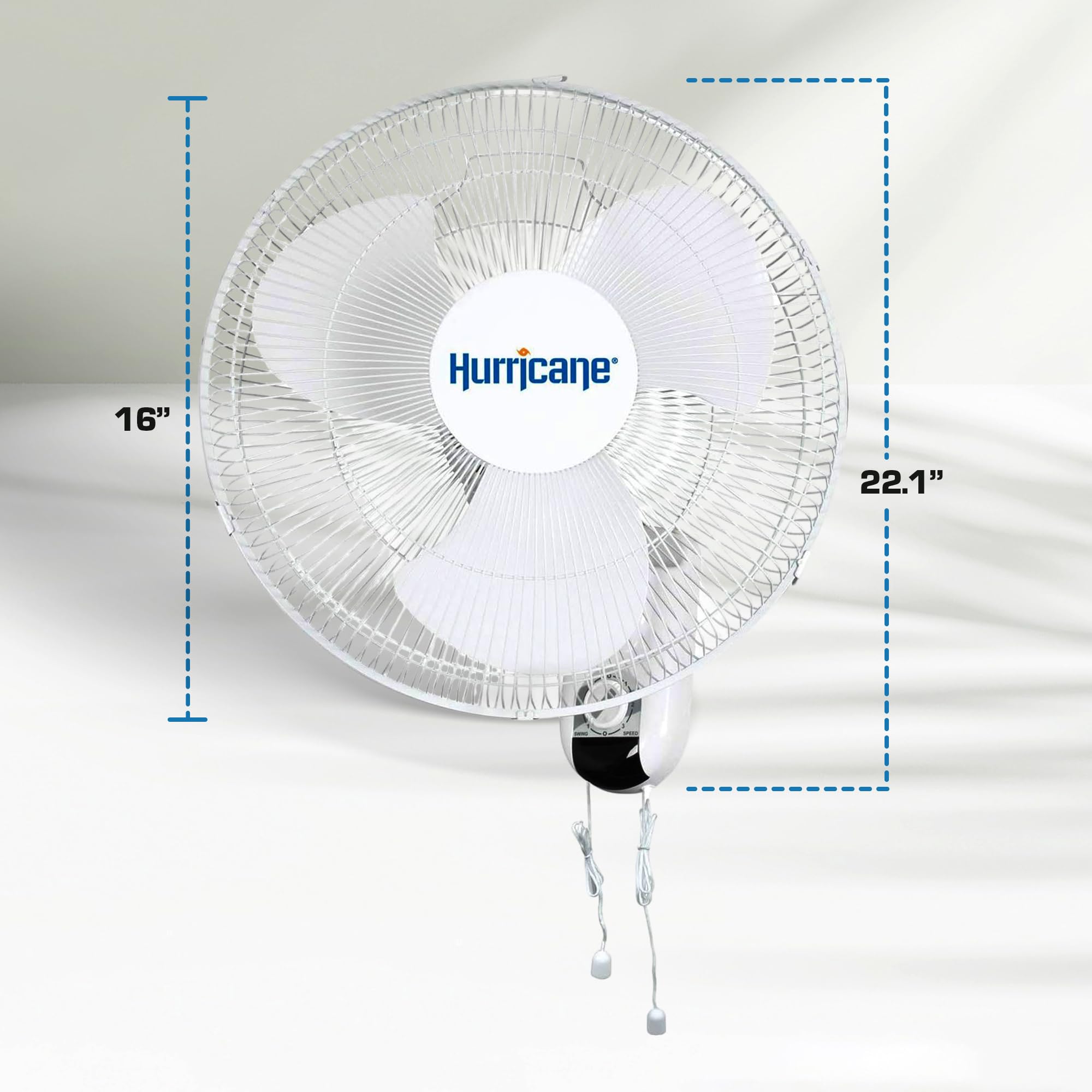 Hurricane Classic 16'' Wall Mount Oscillating Fan   Powerful 3 Speed Airflow, Quiet Operation, Adjustable Tilt For Home, Office,