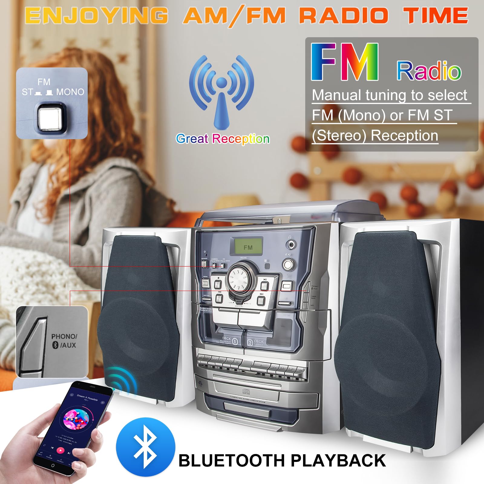 Hongut Bluetooth Vinyl Stereo Record Player, 3-Speed Stereo Turntable Cd Player Music System With Dual Cassette Deck, Digital Al