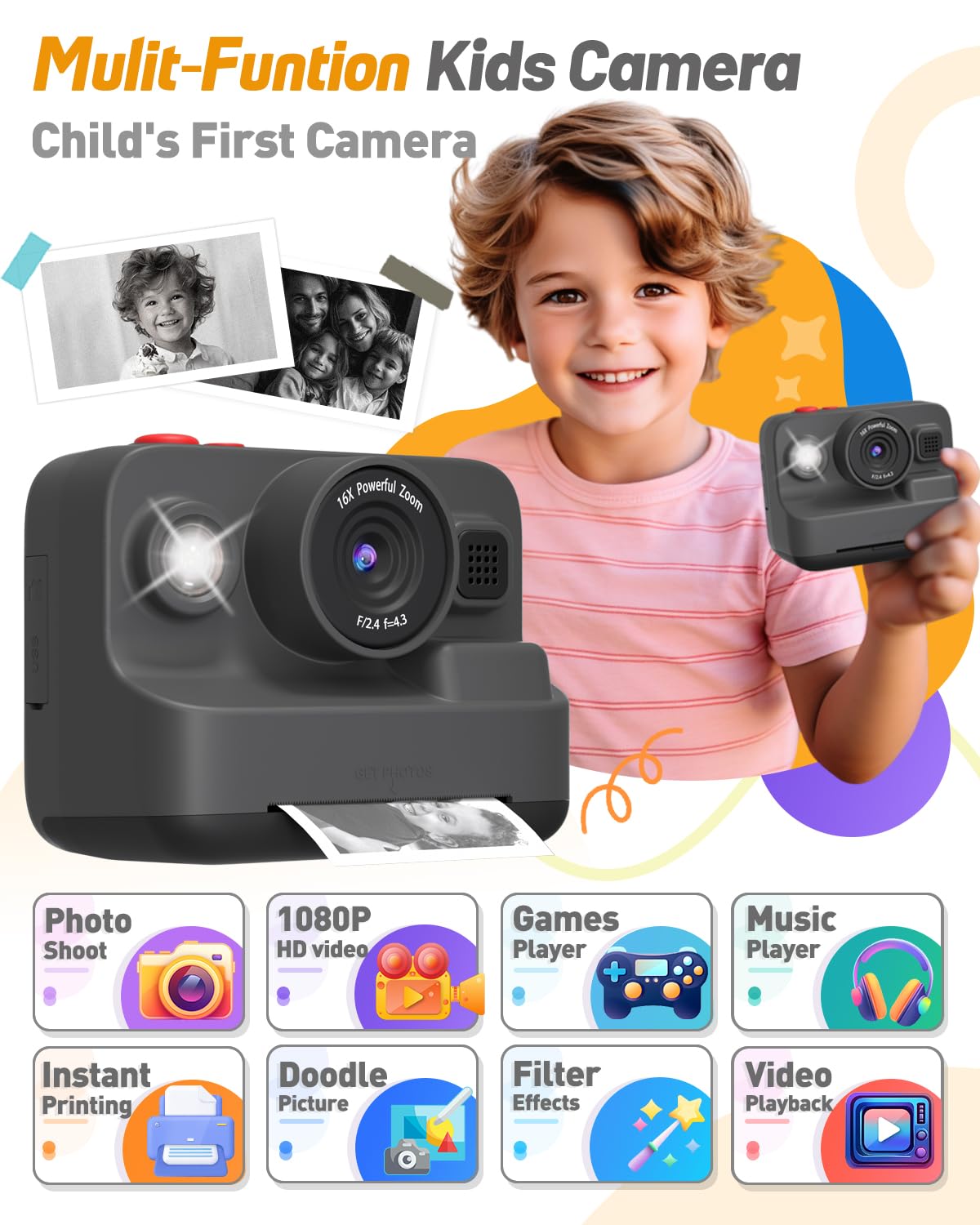 Yehtta Kids Camera Instant Print, Christmas Birthday Gifts For 3 12 Year Old Boys Girls, 2.4In Screen 1080P Kids Digital Camera