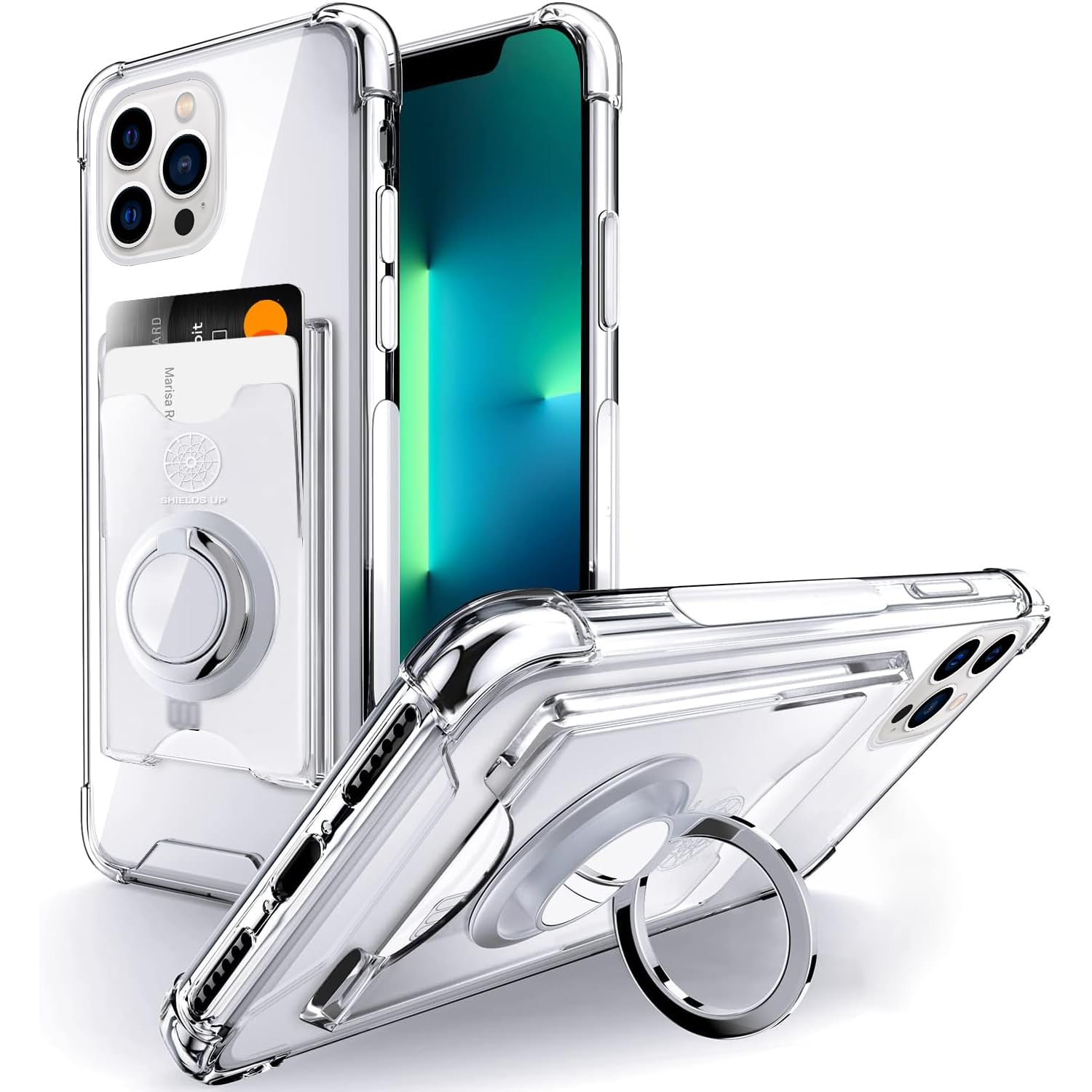 Shields Up Designed for iPhone 12 Pro Max Case, Minimalist Wallet Case with Card Holder [3 Cards] & Ring Stand, [Drop Protection