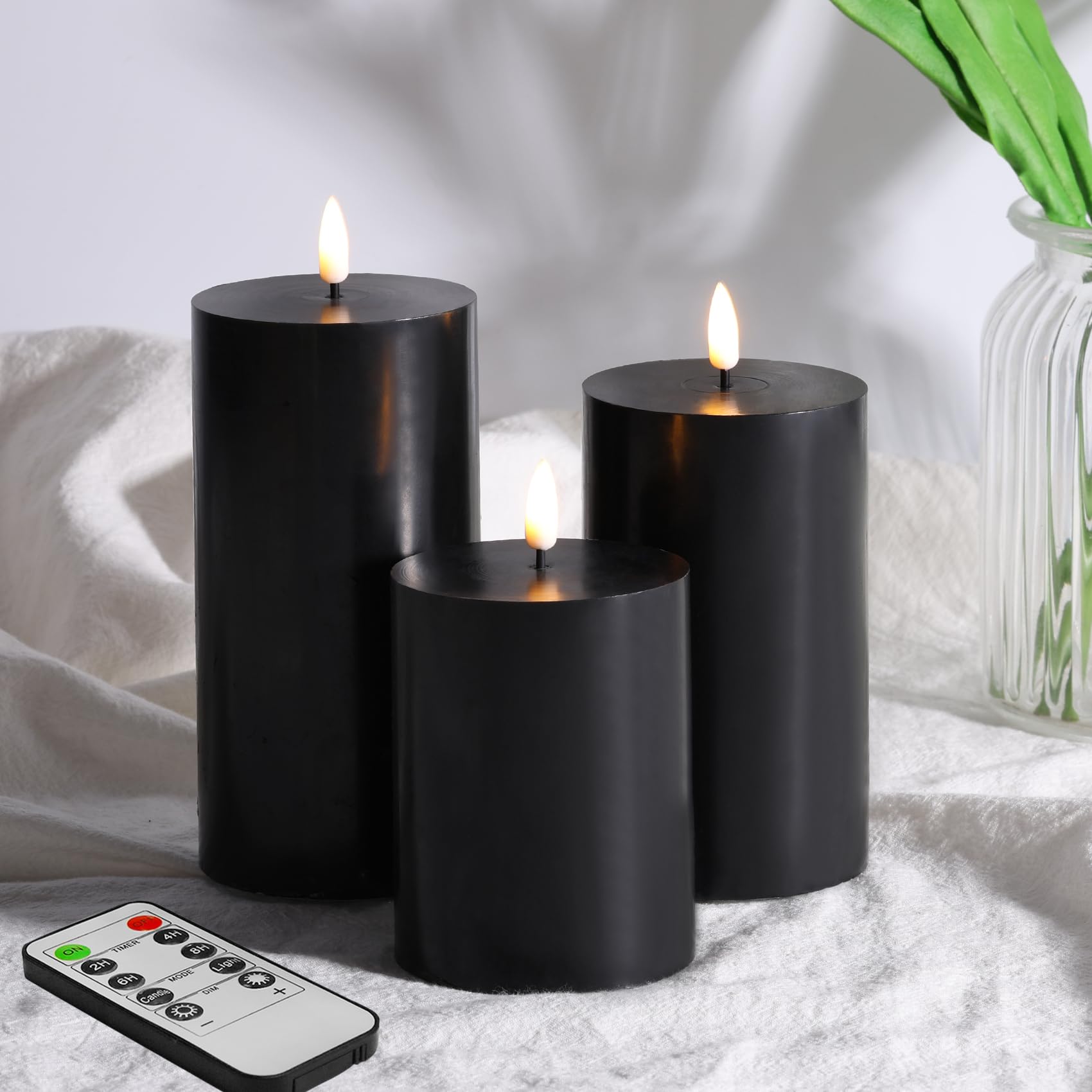 Girimax Black Flat Top Flameless Pillar Candles With Remote, Real Wax Flickering Battery Operated Gothic Led Candles F 3'' H 4''