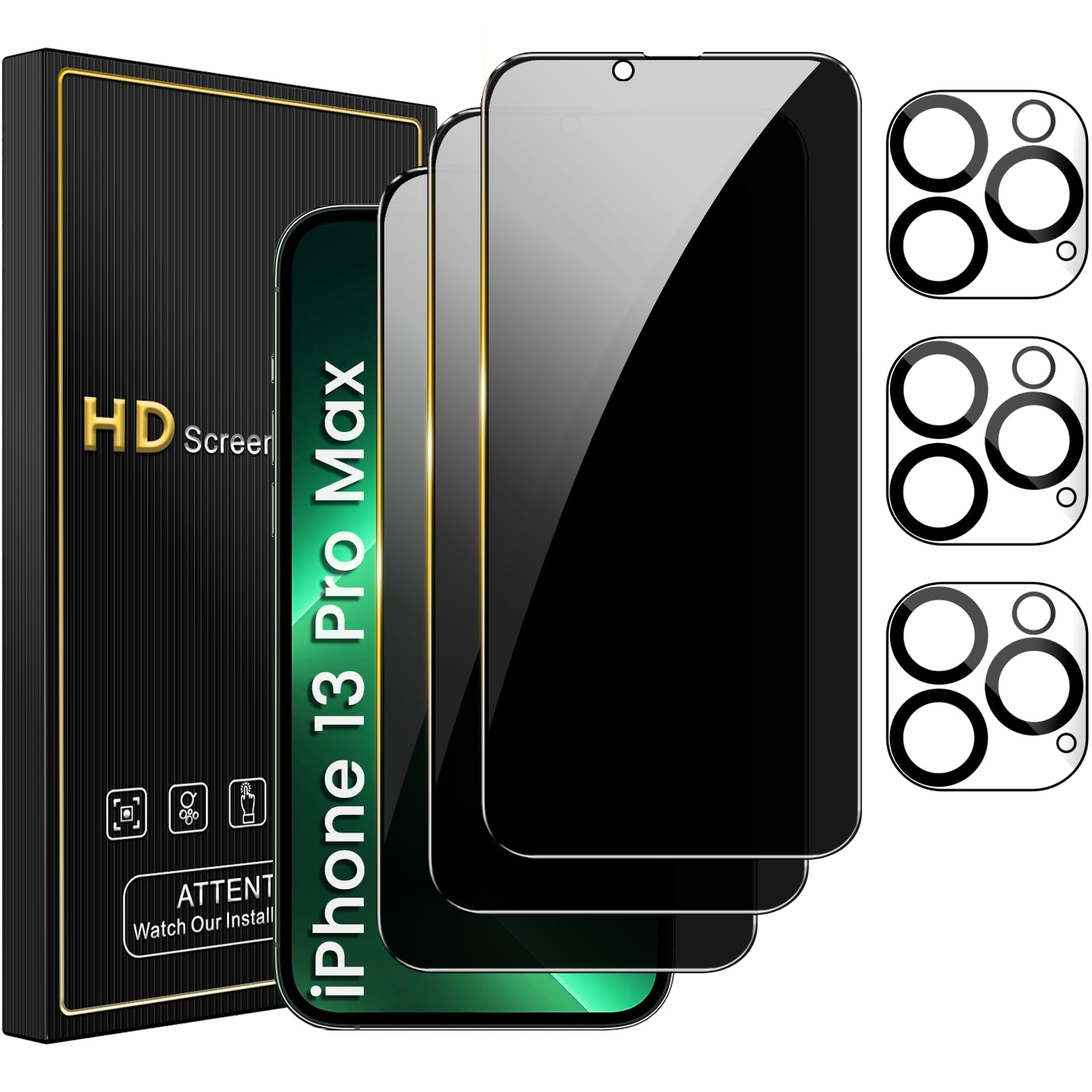 Nbiefuny 3 Pack Privacy Screen Protector For Iphone 13 Pro Max 6.7 Inch With 3 Pack Camera Lens Protector, Anti Spy Tempered Gla