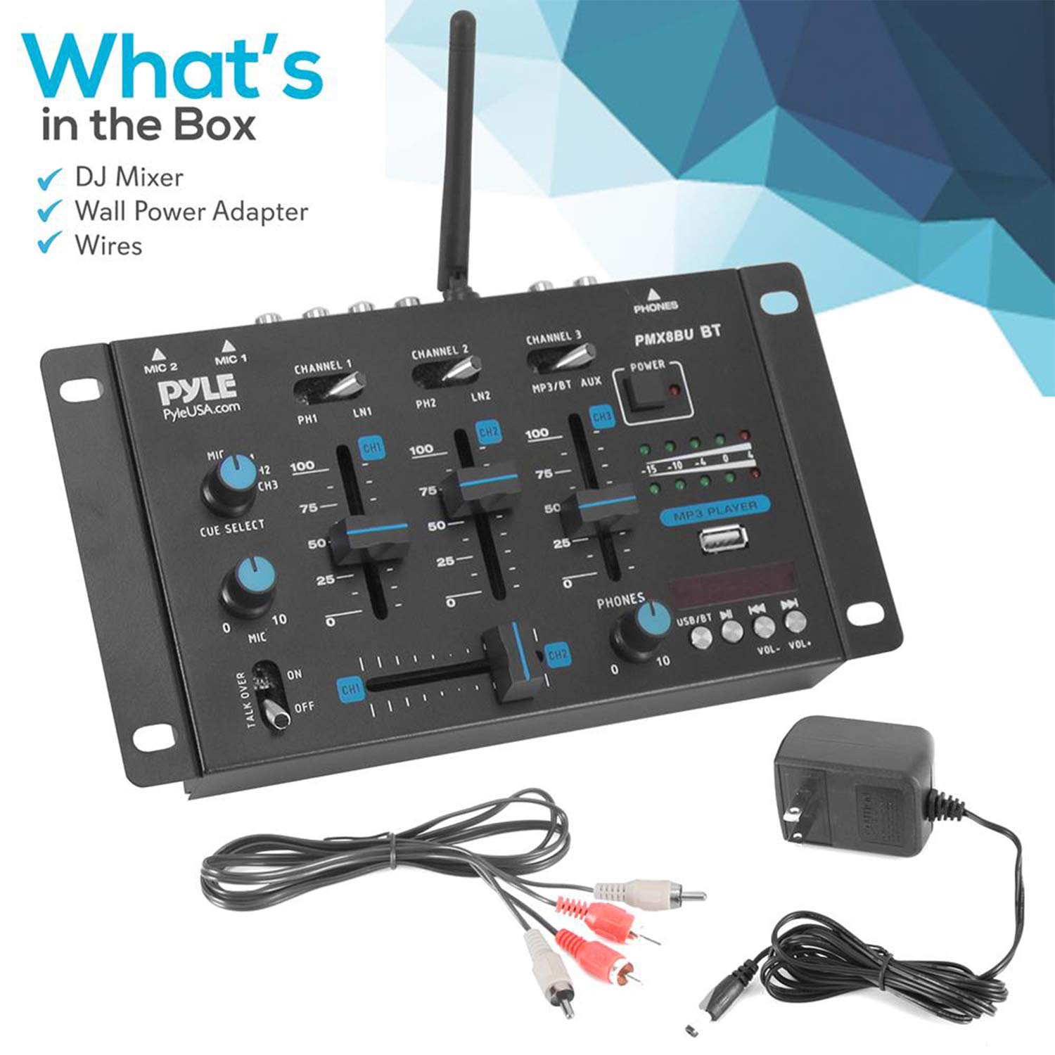 Pyle Wireless Dj Audio Mixer - 3 Channel Bluetooth Compatible Dj Controller Sound Mixer, Mic-Talkover, Usb Reader, Dual Rca Phon