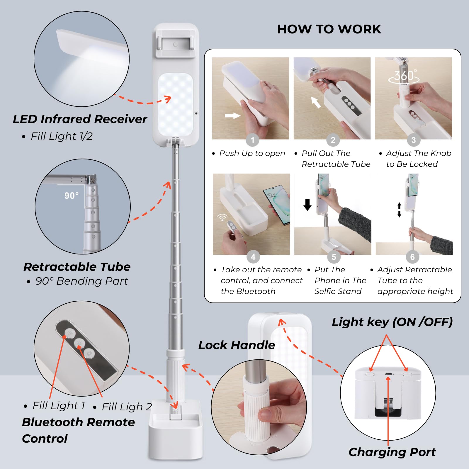 Beyonday Foldable Phone Holder For Recording, Selfie Stand With Rechargeable Led Light&Wireless Remote Control 360 Rotatable Ret