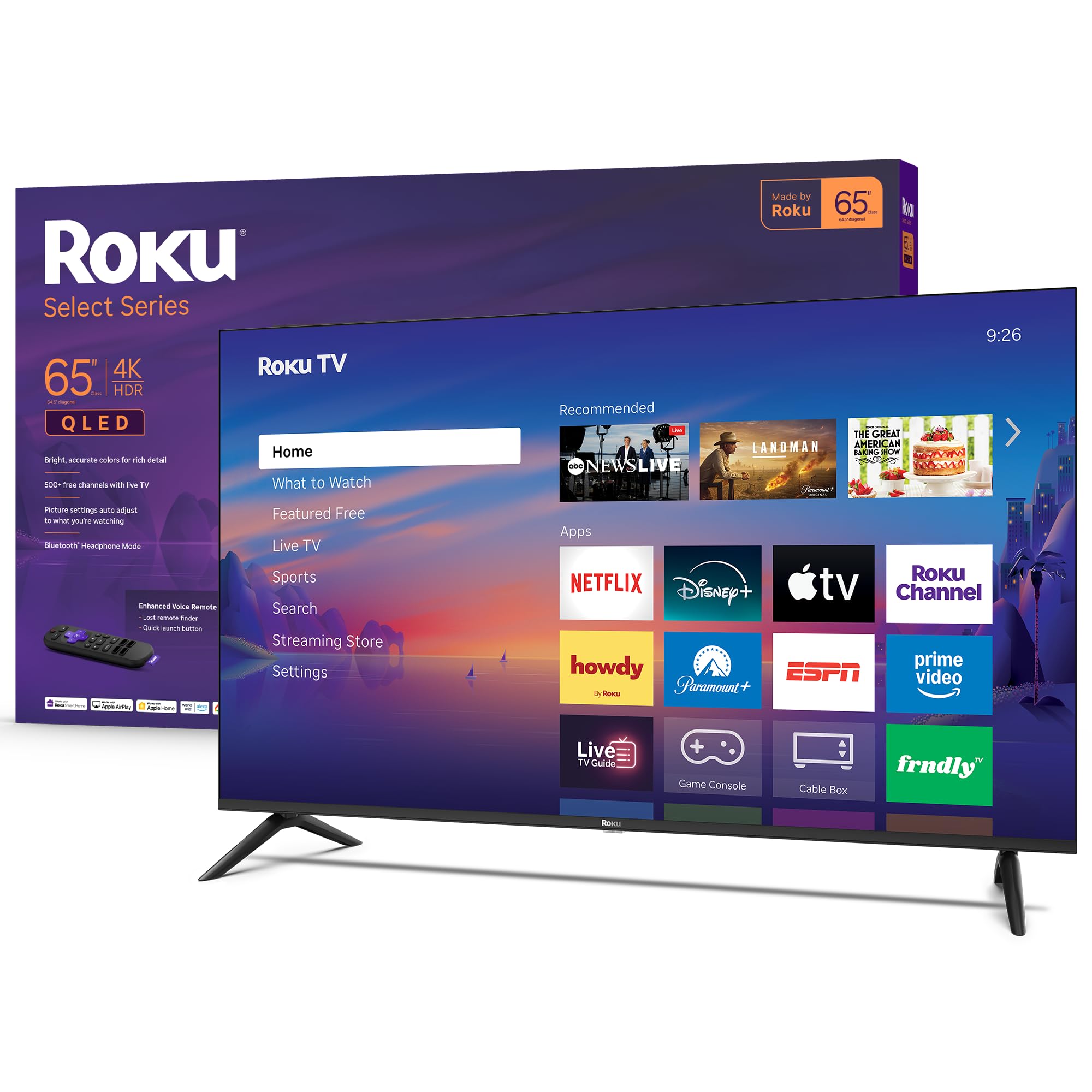 Roku Smart TV 2026 - 65-Inch Select Series, 4K QLED TV - Roku TV with Voice Remote - Flat Screen QLED Television with Wi-Fi for 
