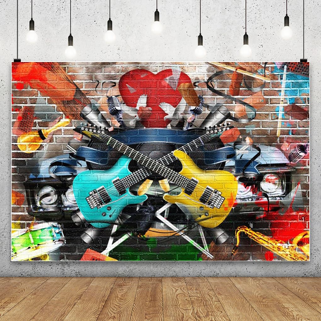 Aofoto 7X5Ft Rock And Roll Music Guitar Backdrop Graffiti Brick Wall Grunge Punk 80S 90S Discos Concert Hip Hop Photography Back