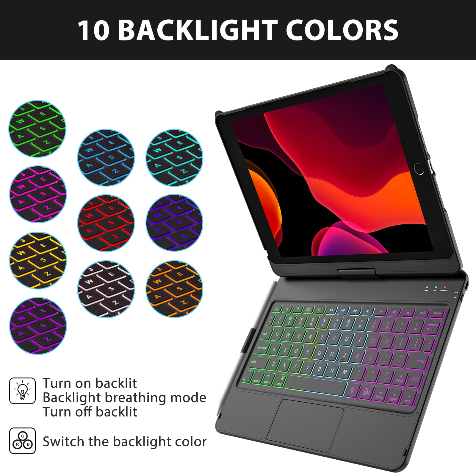 Amzcase For Ipad 9Th/8Th/7Th Generation Case With Keyboard And Pen Holder,Colorful Backlight,360Rotatable Slim Cover,10.2 Inch O