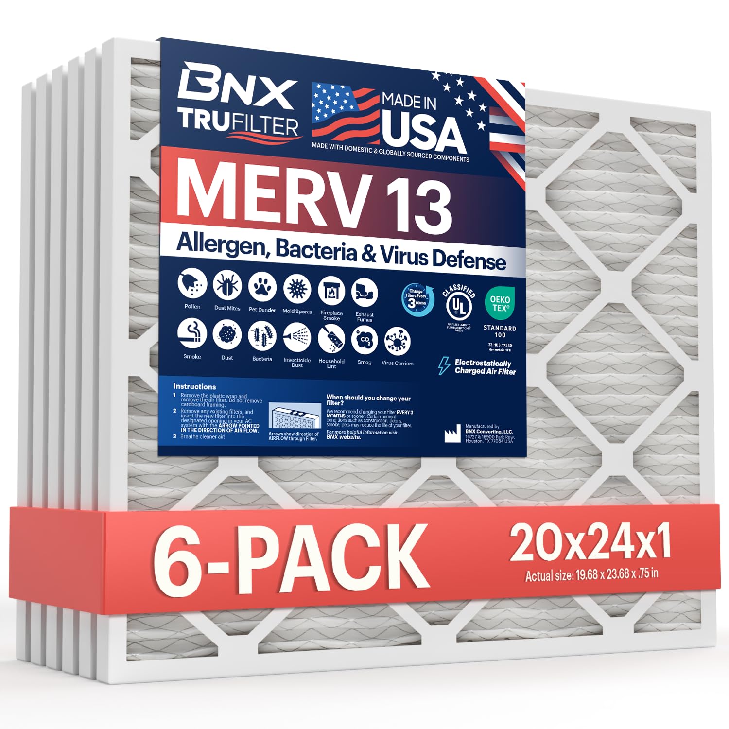 BNX TruFilter 20x24x1 Air Filter MERV 13 (6-Pack) - MADE IN USA - Electrostatic Pleated Air Conditioner HVAC AC Furnace Filters 
