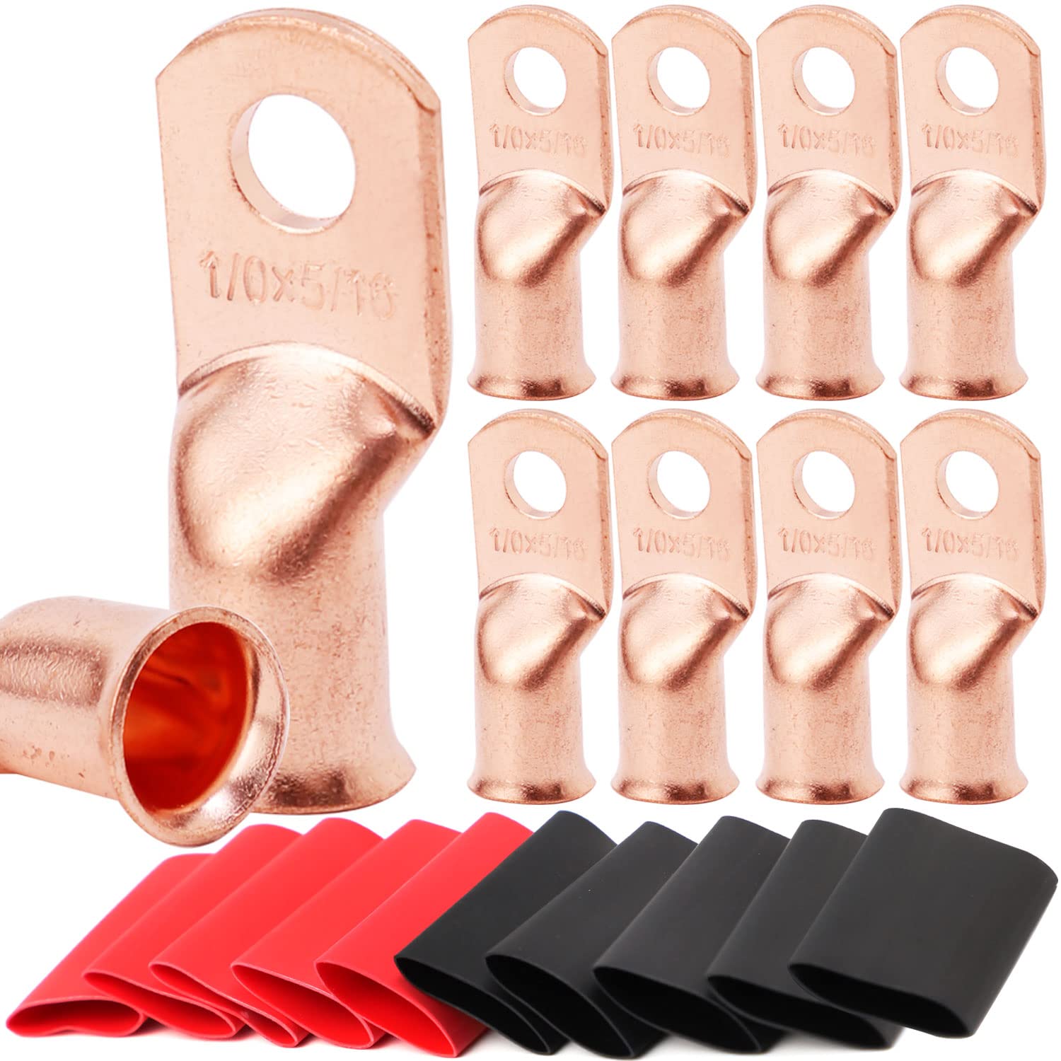 Tkdmr 10Pcs 1/0 Awg 5/16'' Battery Lugs,Copper Wire Lugs,Heavy Duty Battery Cable Ends,Tubular Ring Terminals,Awg Crimp Wire Rin