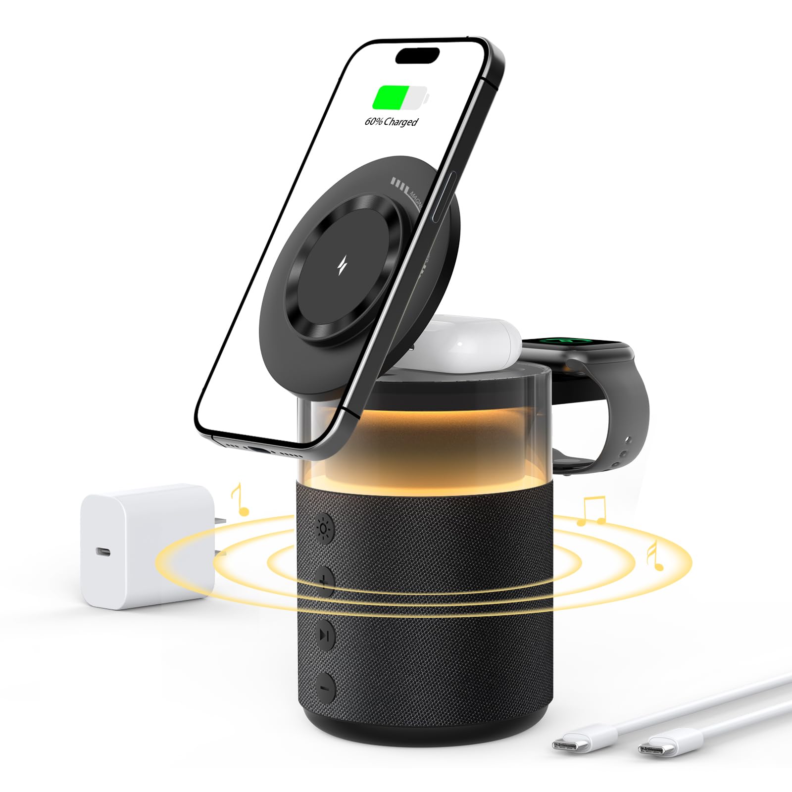 5in1 Magnetic Wireless Charging Station for Apple Device, Portable Bluetooth Speaker with Adjustable Night Light, 33W Fast Cha