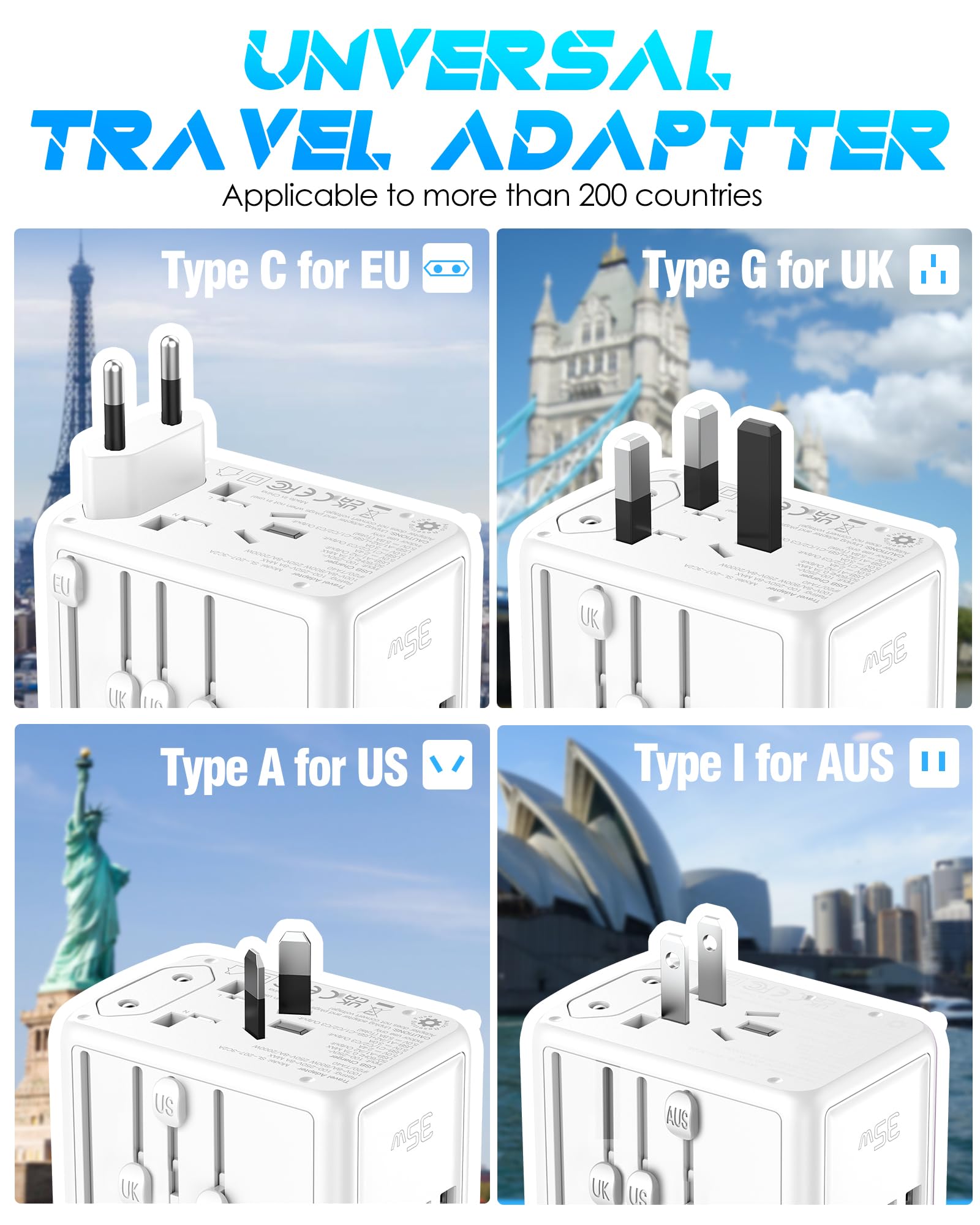 Urjd Universal Travel Adapter 35W Pd Fast Charging Offers 3X2.4A Usb A Ports, 2X Usb C Ports And Multi Ac Outlet, International