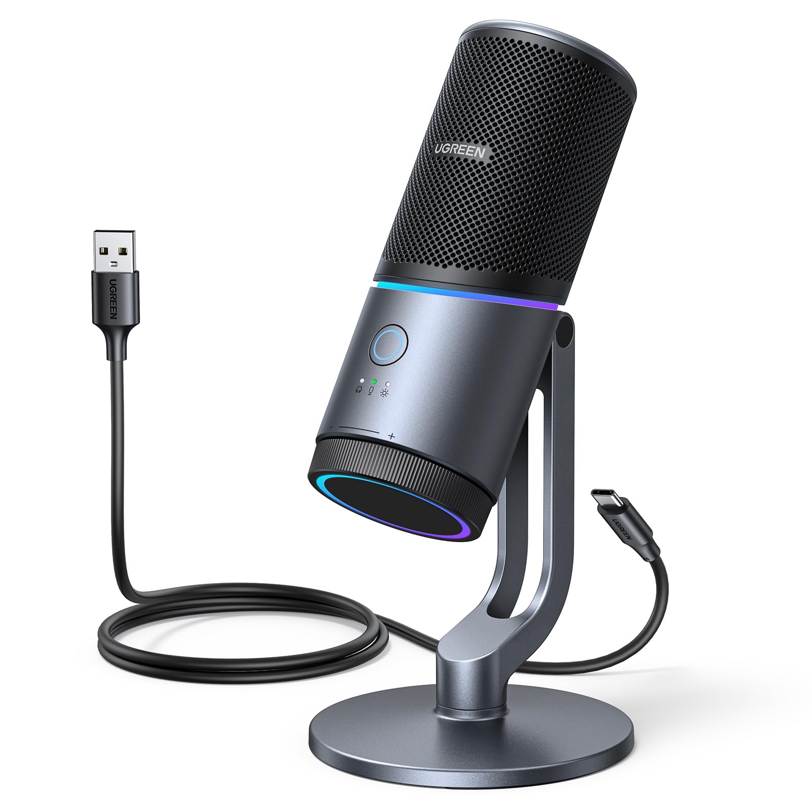 UGREEN Microphone for PC, USB Mic with RGB Lights, Mute Button, 24bit/96kHz, Cardioid Polar Pattern, Volume Control, Condenser M