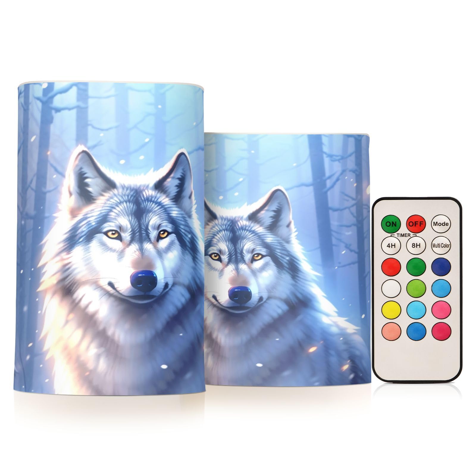 BOENLE Flickering Flameless Candles, Wolf Winter Forest LED Candles with Remote Timer, Set of 2 Battery Operated Candle for Vale