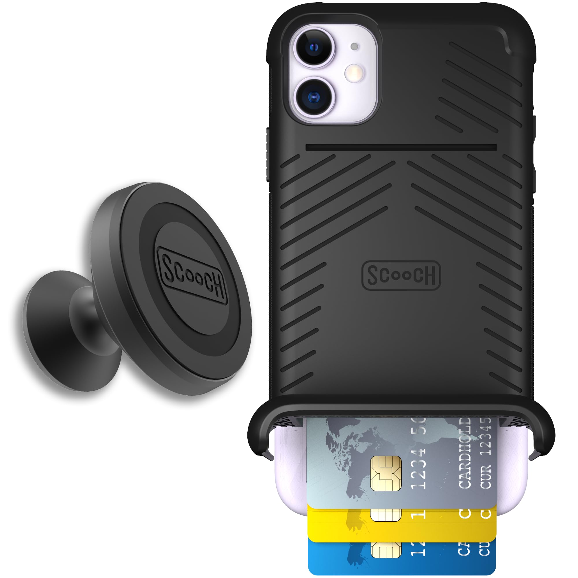 Scooch for iPhone 11 Case with Card Holder, Wingmate Wallet Case Black, Bundled with Wingmount Magnetic Car Mount