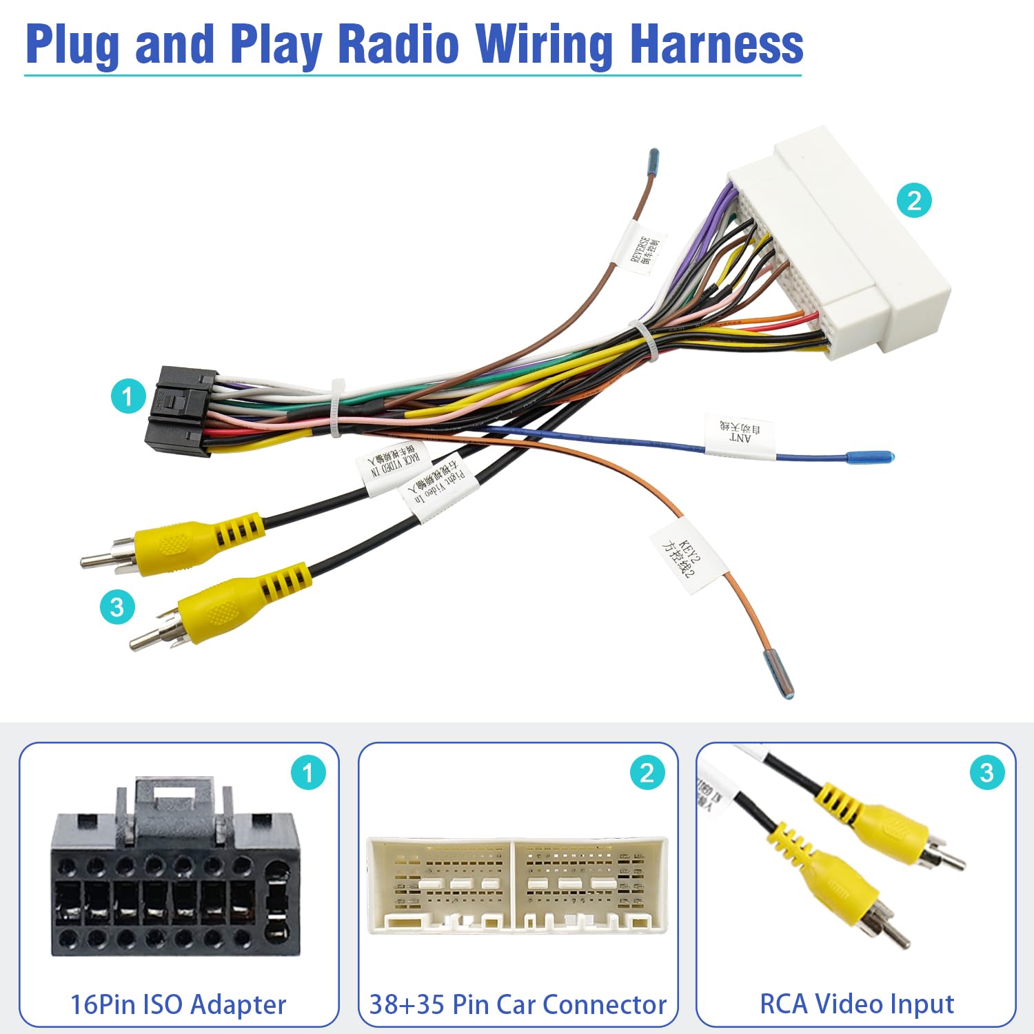 Jayubien Radio Wire Harness Rca Adapter For Hyundai Elantra Sonata Tucson Accent Kia, 38Pin 35Pin Plug To 16Pin Iso Stereo Wirin