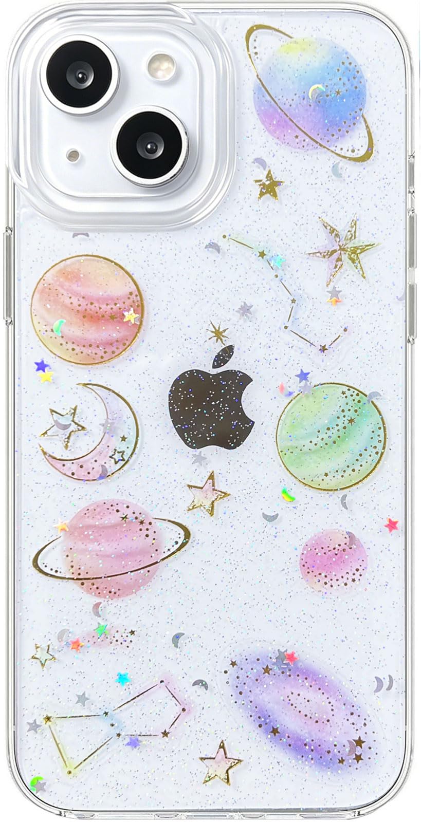 Abbery for iPhone 16 Pro Cases Cute Clear Glitter Space Planet Design Bling Sparkle Stars Moon Kawaii Durable Soft Shockproof Pr