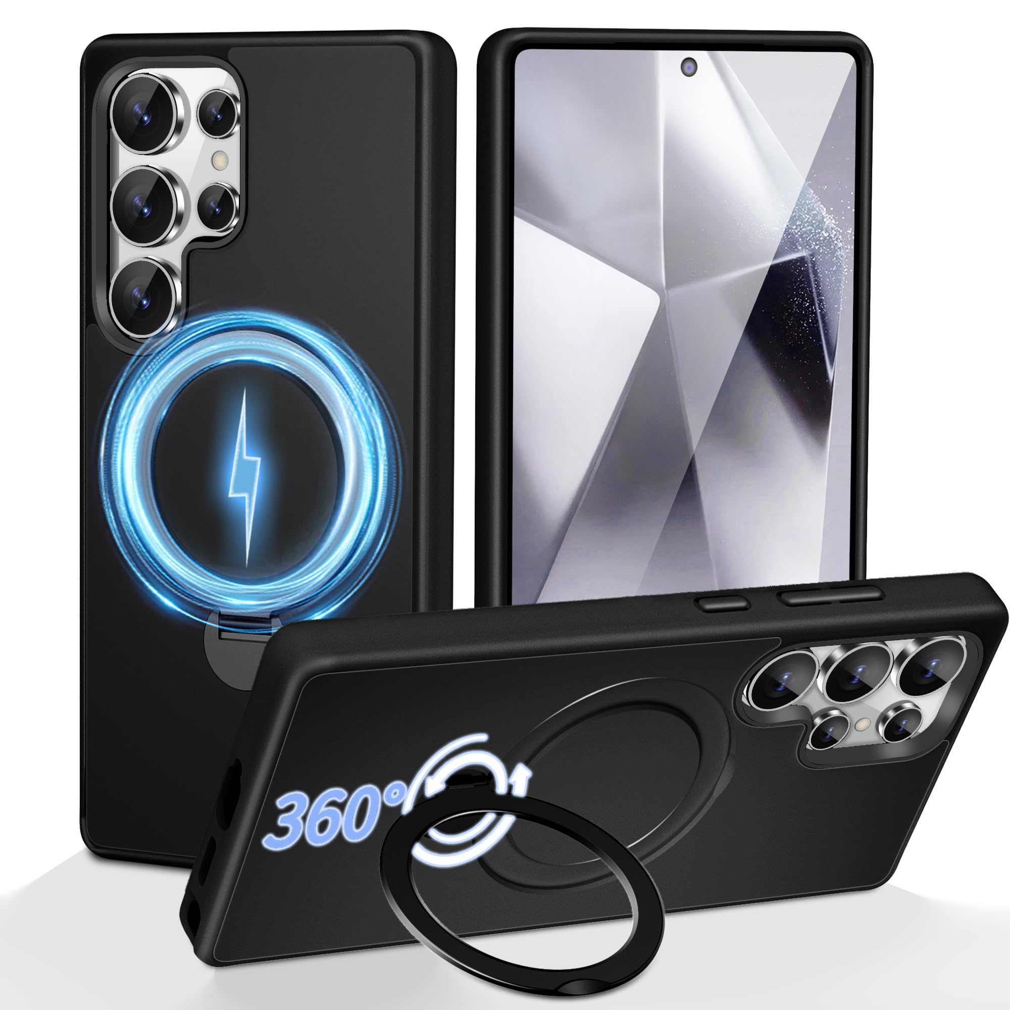 3-in-1 [360 Spin Stand+Magnetic+Ring Holder] Case for Samsung Galaxy S24 Ultra Fit for MagSafe, Military Grade Protective, Trans