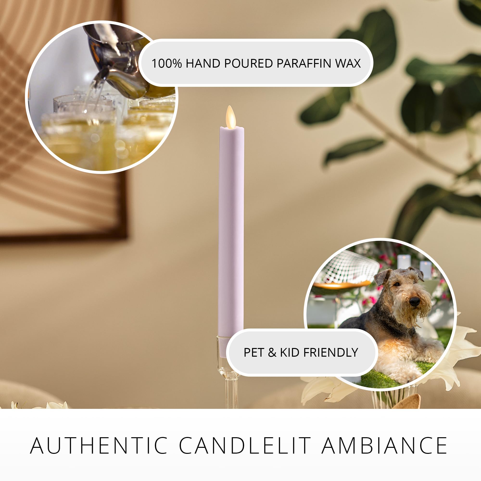 Luminara Flameless Candle Taper (1'' X 9.5'') Melted Top Real Wax Unscented Remote Ready Timer (Gentle Lavender)