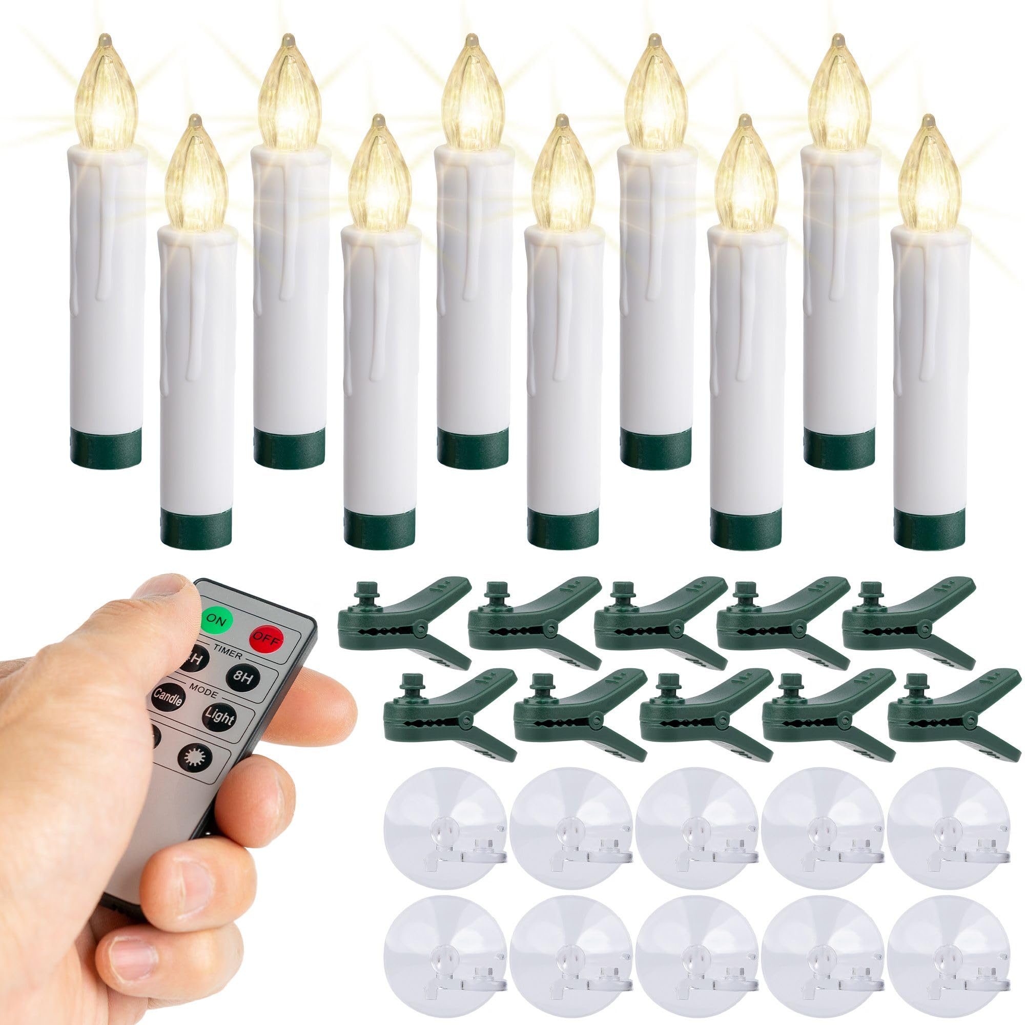 WYZworks 10 Pack LED Flameless Taper Clip On/Suction Cup Candles for Christmas Tree/Window Candles, 3.5 Flickering Warm White Ca