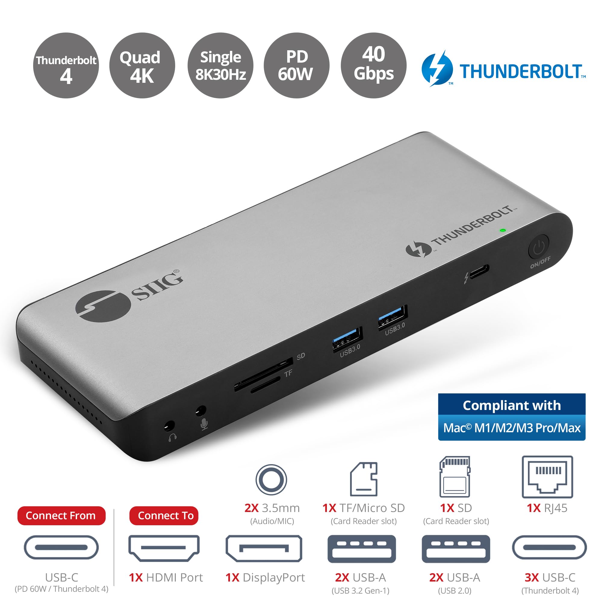 Siig Thunderbolt 4 Docking Station - Quad 4K / Single 8K, 60W Pd, 3X Tb4 40Gbps (Usb-C), 2X Usb-A 5G, Gigabit Ethernet, Support