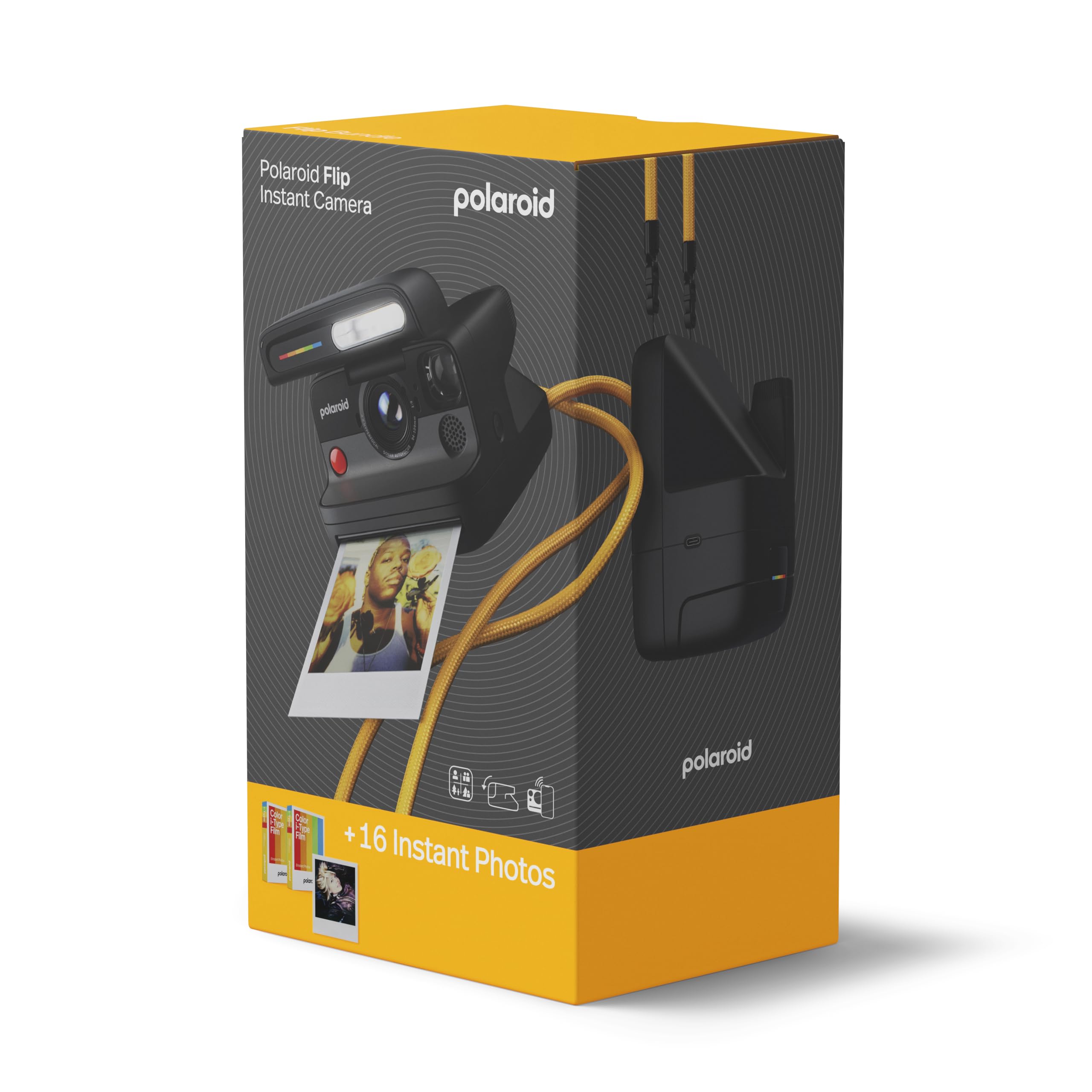 Polaroid Flip Instant Camera + Color Film Bundle (16 Photos Included) - Black (6565) - Hyperfocal 4-Lens System, Sonar Autofocus