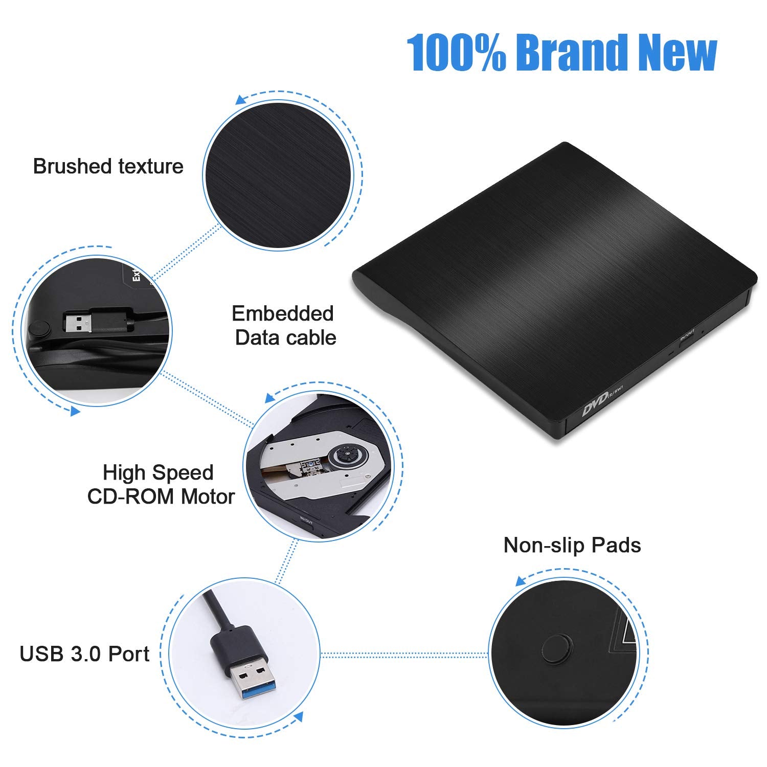 External Cd/Dvd Drive For Laptop, Usb 3.0 Portable Dvd Cd+/ Rw Drive Slim Dvd/Cd Rom Rewriter Burner Writer, High Speed Data Tra