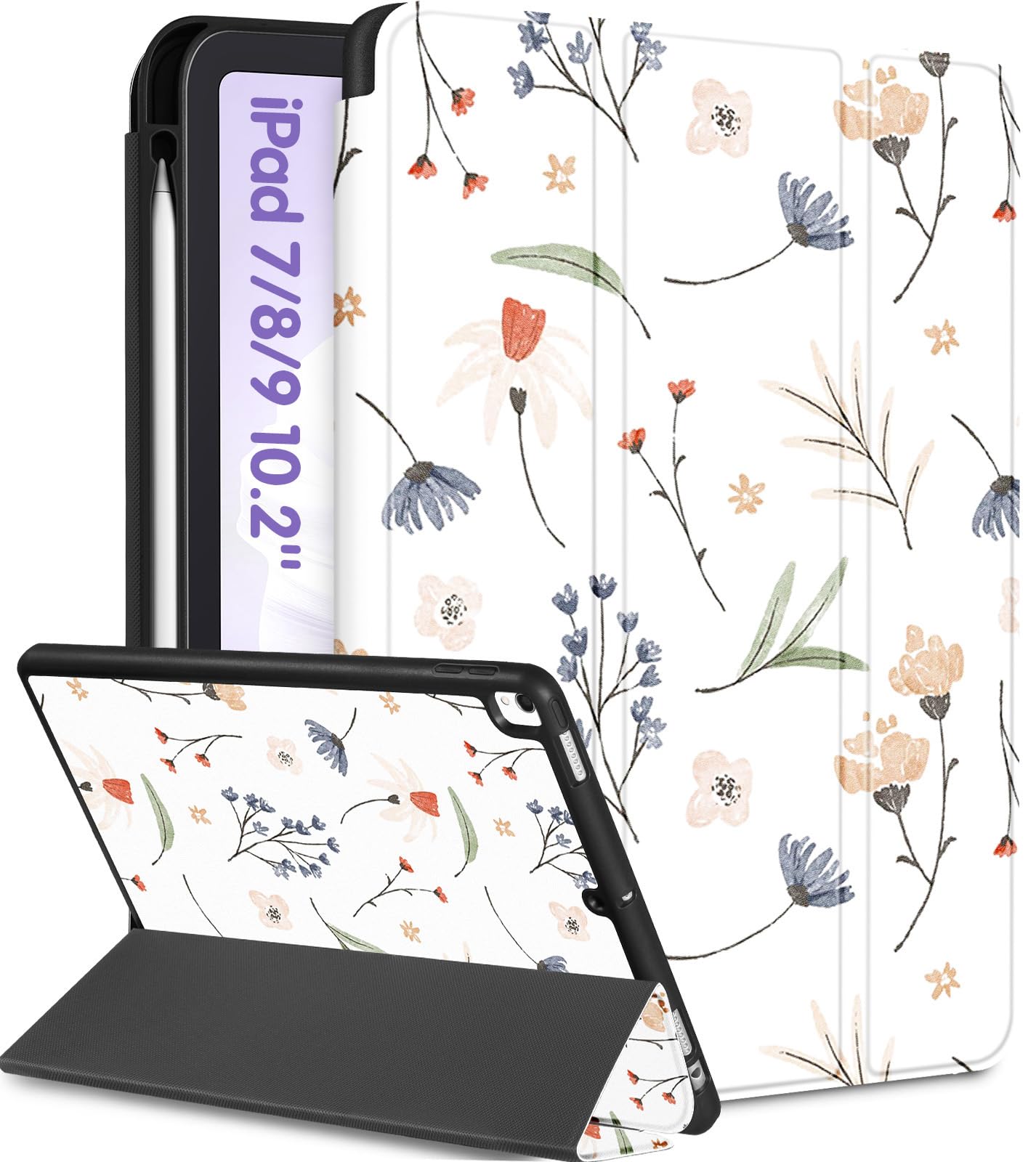 Uppuppy For Ipad 9Th/8Th/7Th Generation Case 10.2 Inch Girls Cute Women Folio Smart Cover Pencil Holder Floral Aesthetic Design
