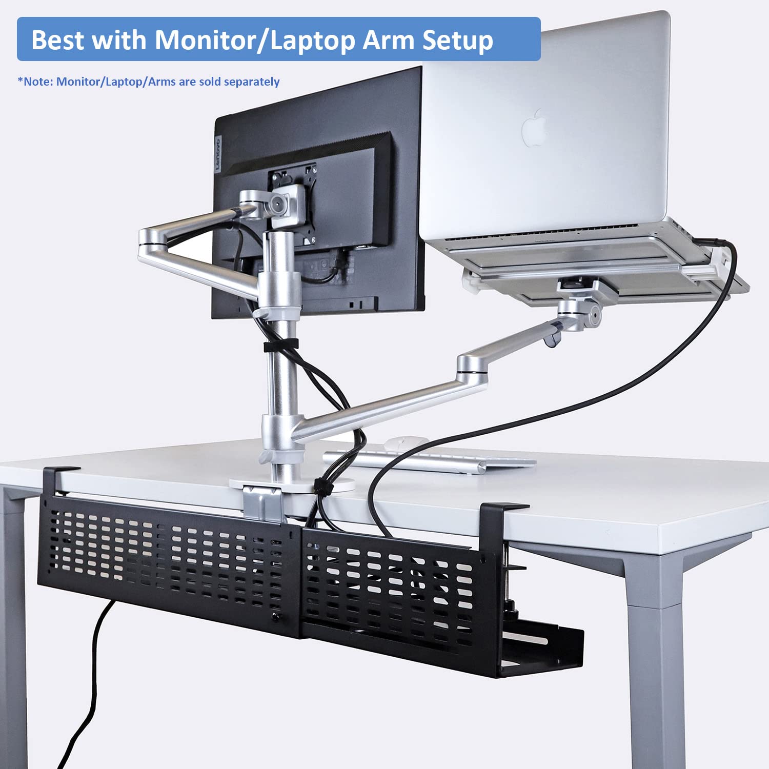 Aeons Under Desk Cable Management Tray Kit   Horizontal Adjustable Up Tp 41� Desk Organizer Removable C Clamp Mount Reversiable Computer Cord Raceway And Modesty Panel For Large Desk, Black