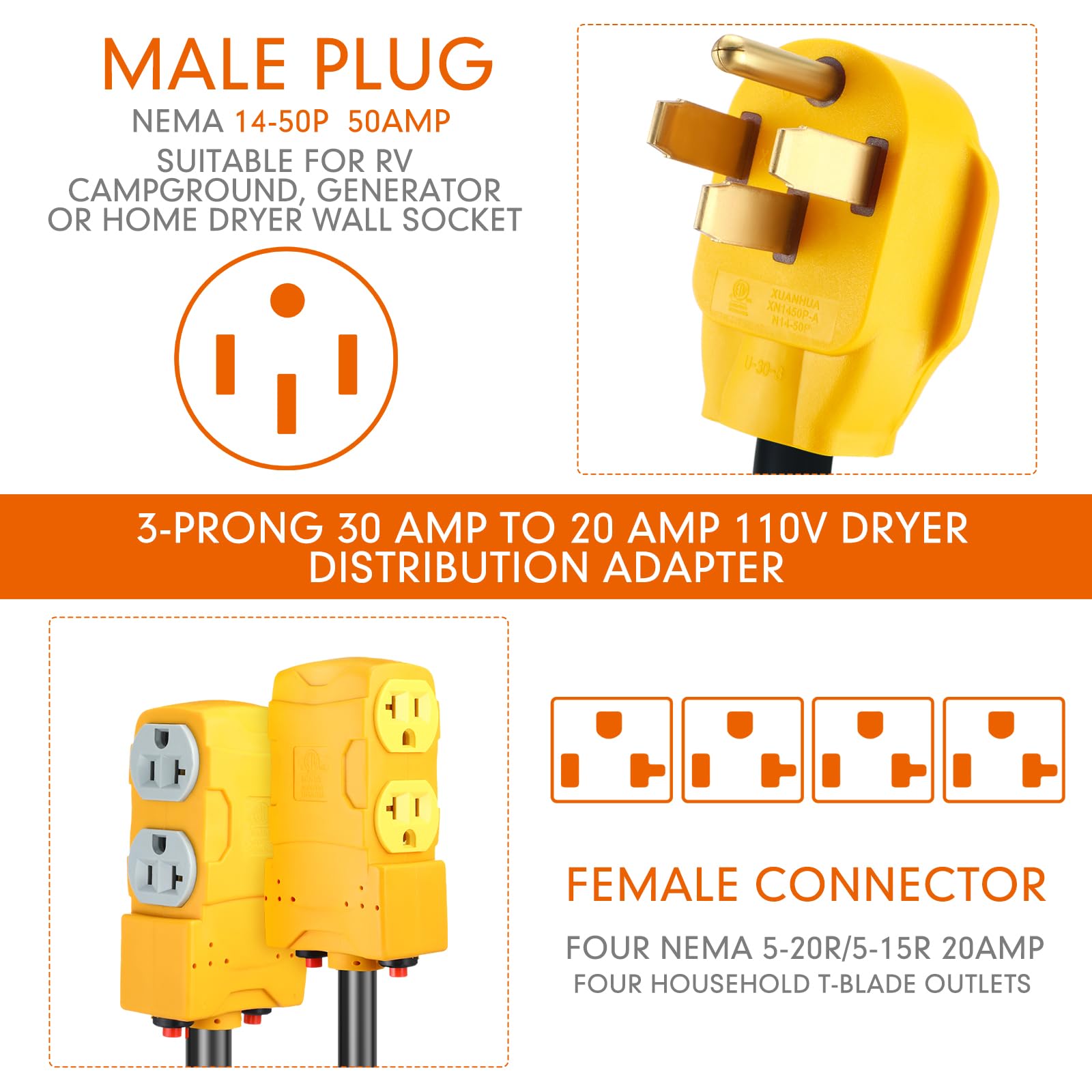 Kanayu 1.8 Ft 50 Amp To 20 Amp 110V Rv Distribution Adapter Compatible With Nema 14 50P To 4X 5 20R/ 5 15R 4 Prong Rv Generator