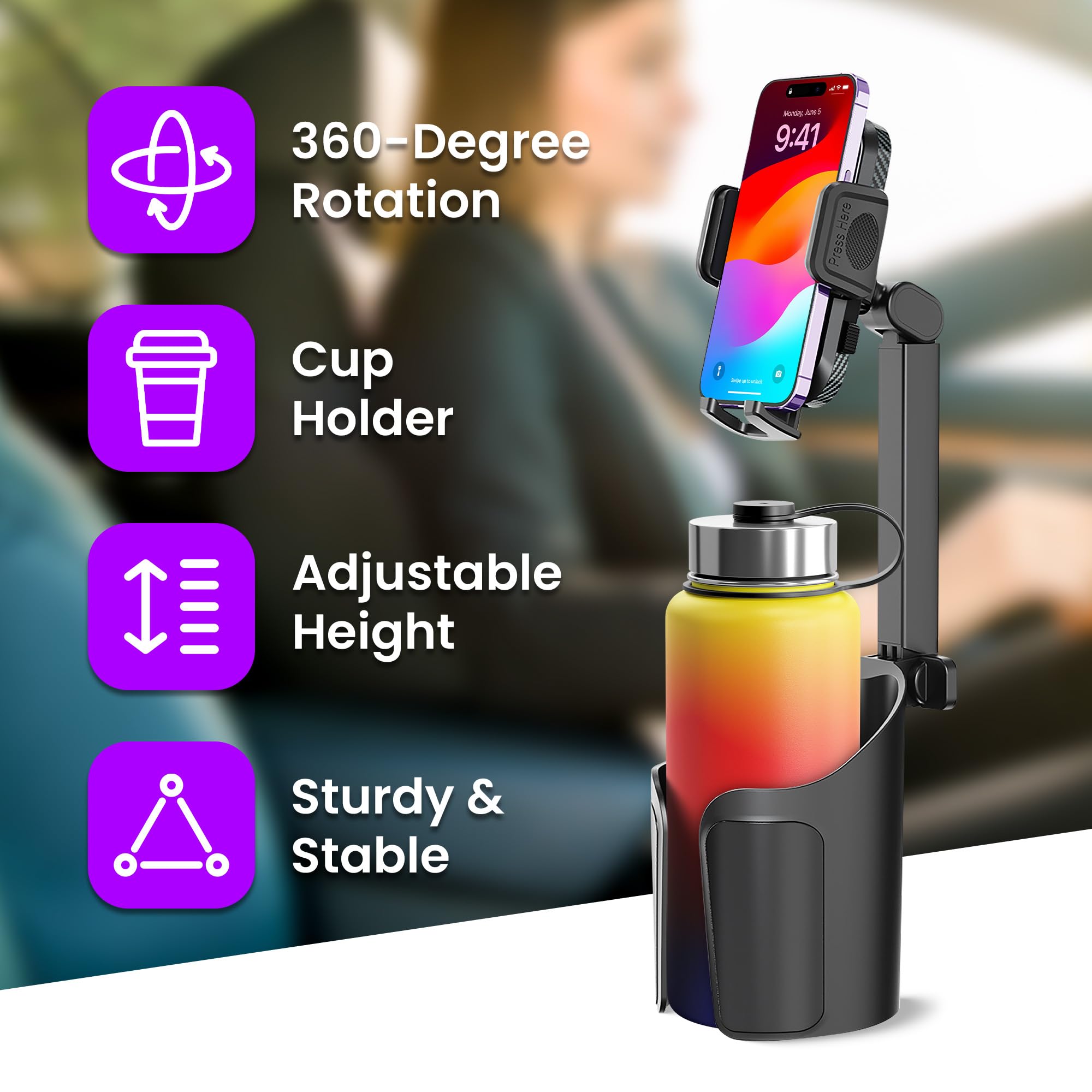 2-In-1 Cup Holder Phone Holder For Your Car Bottle Friendly Cup Cell Phone Holder Mount For Car Height Adjustable Sturdy Fit 4-7