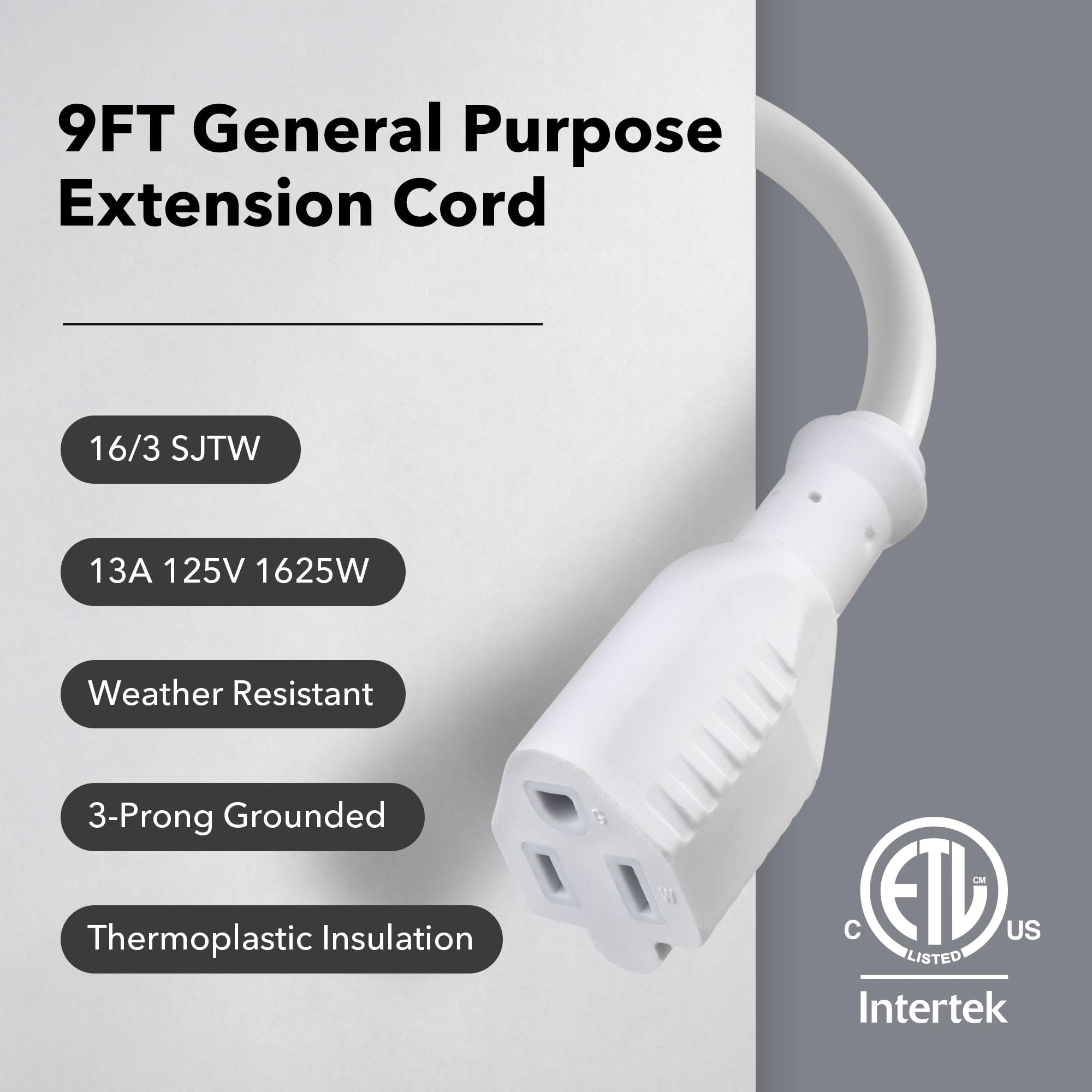 Bn Link 9Ft Outdoor Extension Cord, 3 Prong, 16 Gauge General Purpose Power Cord, Grounded Plug, White, For Landscaping & Holida