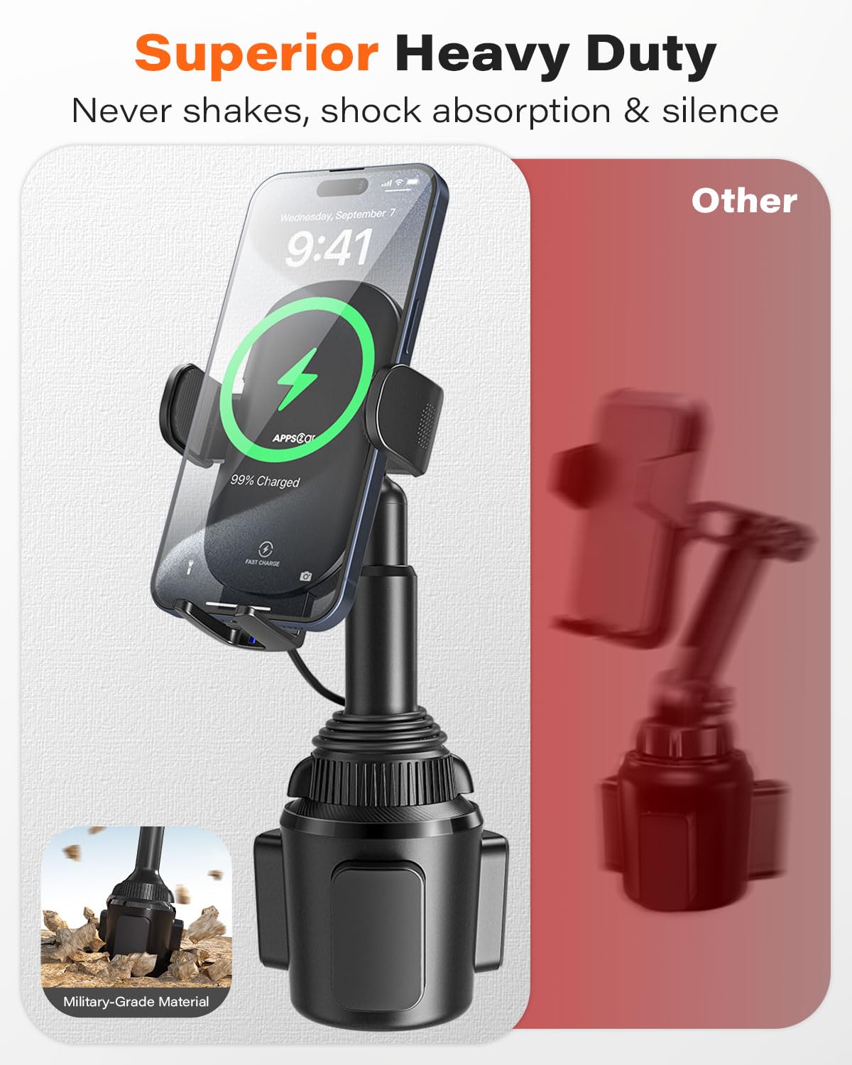 Apps2Car Solid Cup Holder Phone Mount For Car Wireless Charger 15W With Quick Extension Long Arm Fast Swivel Adjustable Height 3