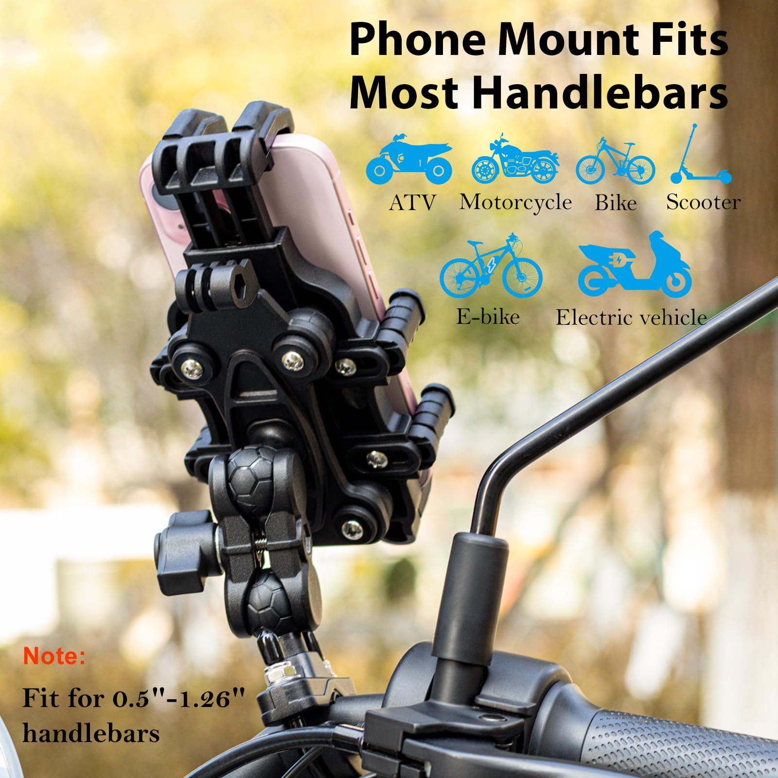Emerk Motorcycle Phone Mount Holder - [Dual Vibration Dampener] [Anti-Shake Anti-Theft] Bike Phone Holder, Adjustable Handlebar