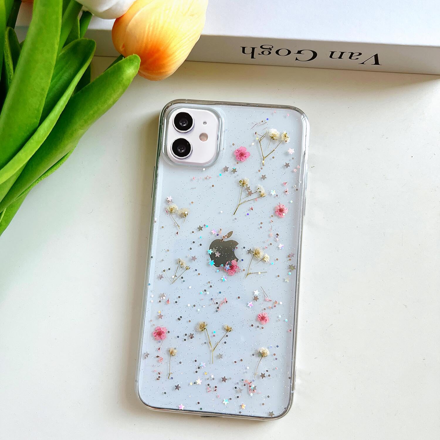 Lseeka For Iphone 11 Clear Case With Pressed Real Flowers Design,Glitter Cute Pink Floral Pattern Slim Soft Tpu Protective Women