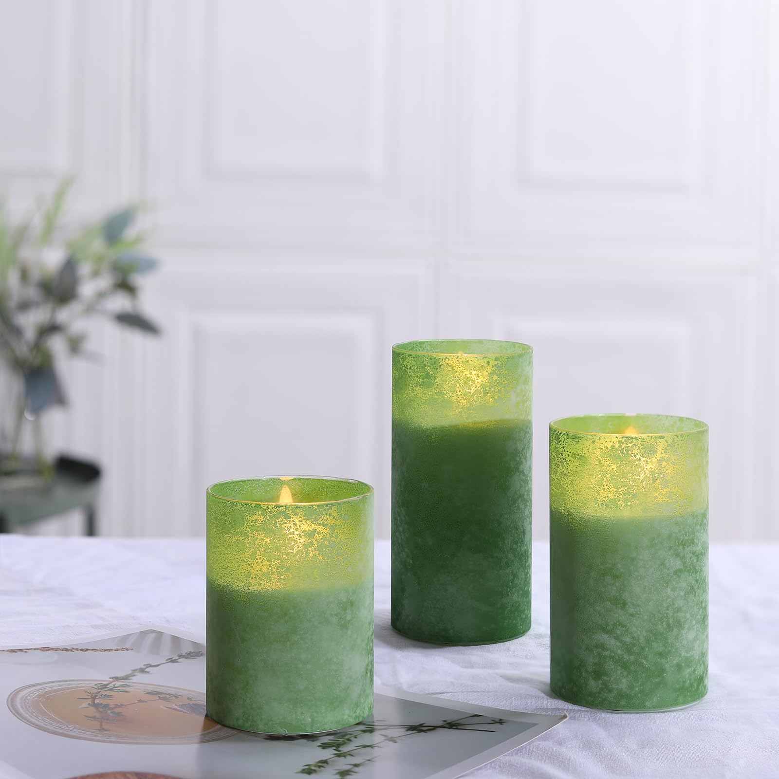 Glass Battery Operated Flameless Led Candles With 10 Key Remote And Timer, Ocean Theme Green Sandblast Flickering Real Wax Pilla