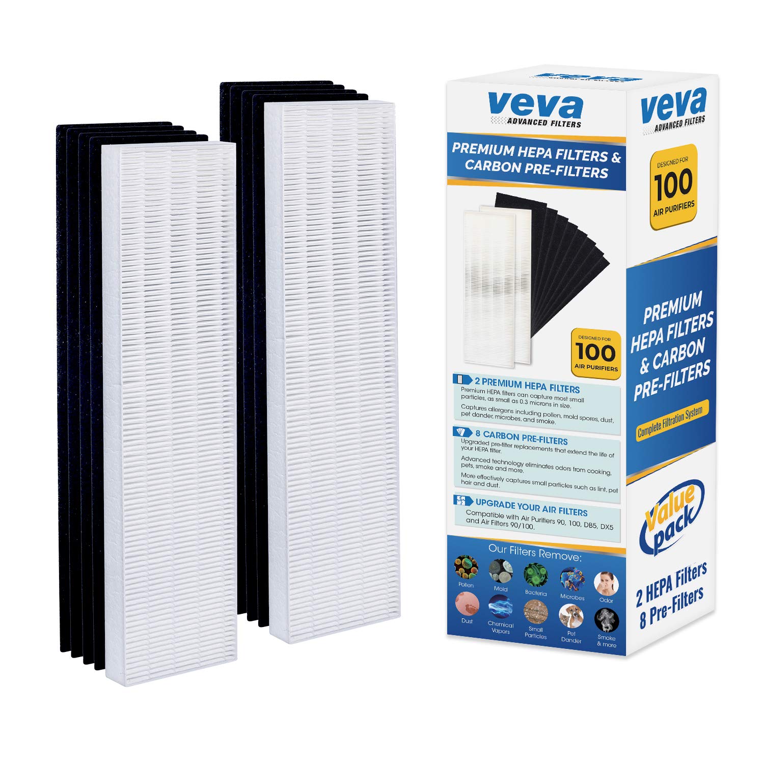 Veva Premium 2 Hepa Filter With 8 Activated Carbon Pre Filters Compatible With Fellowes Aeramax Air Purifier 90, 100, 90/100, Dx
