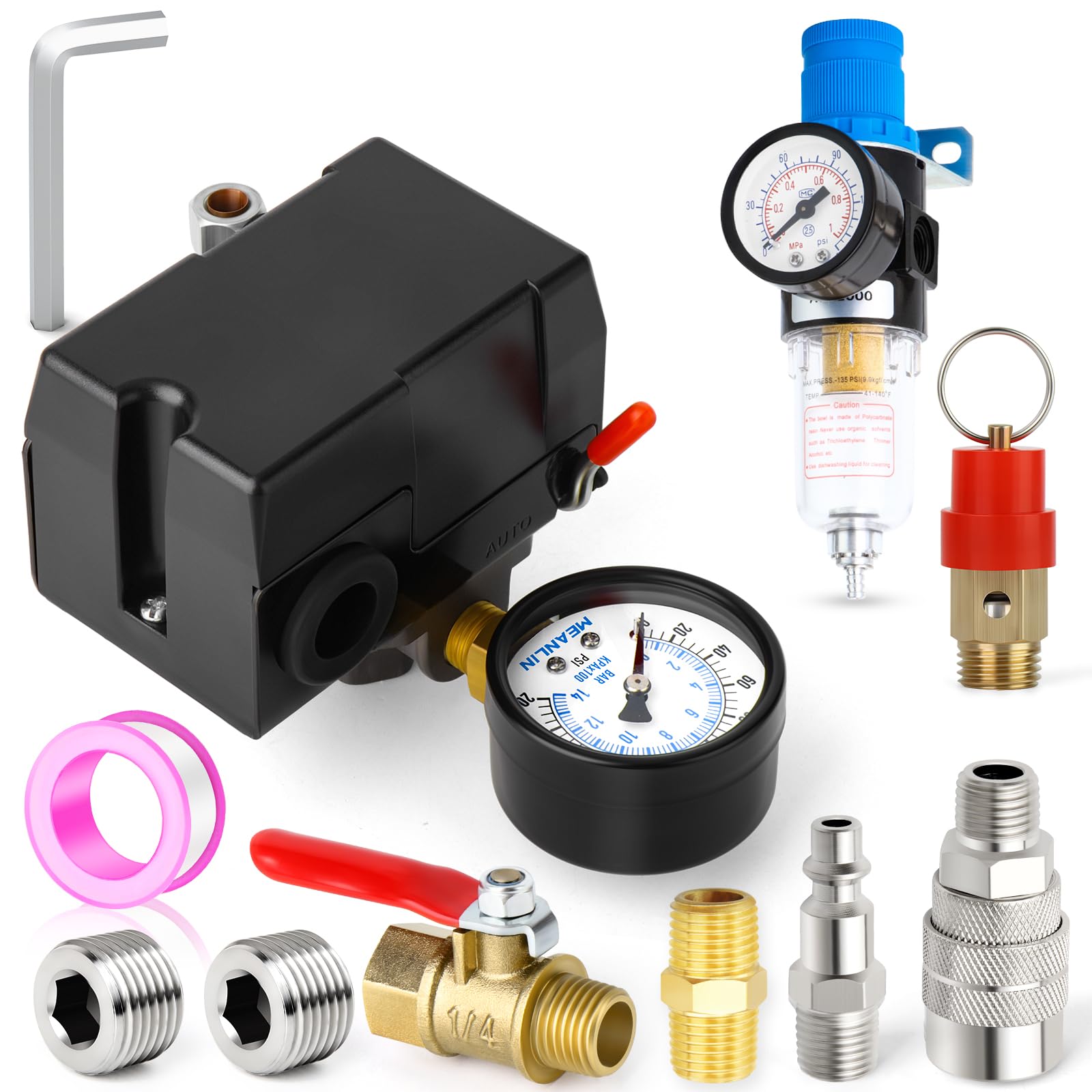 Meanlin Measure Air Compressor Pressure Switch Control Valve 95 125 Psi 110V 240V 4 Way Replacement Parts With Afr2000 Air Line